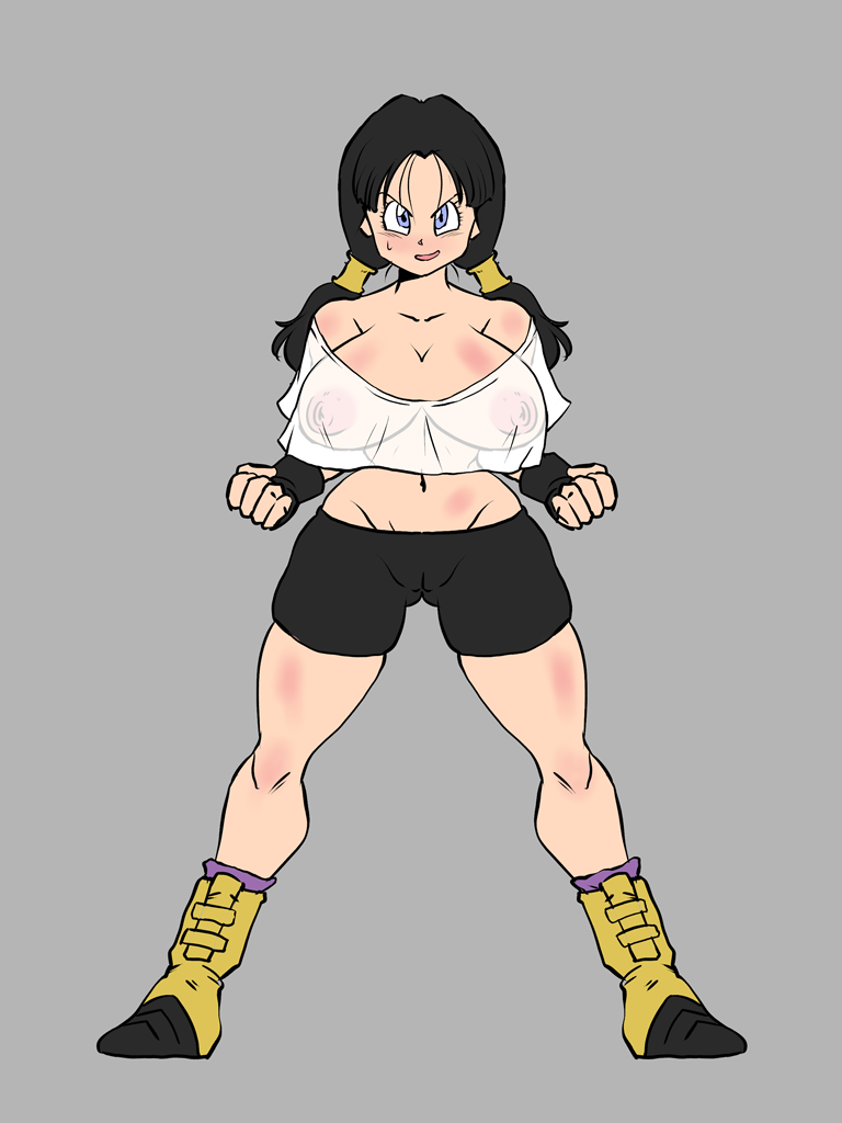 1girls 2022 black_hair blue_eyes clothing dragon_ball dragon_ball_z female female_only grey_background large_ass large_breasts midriff narrow_waist open_mouth rickert_kai see-through see-through_clothing shounen_jump simple_background slim_waist smile solo solo_female straight_hair sweat sweatdrop thick_thighs tongue twintails videl wide_hips