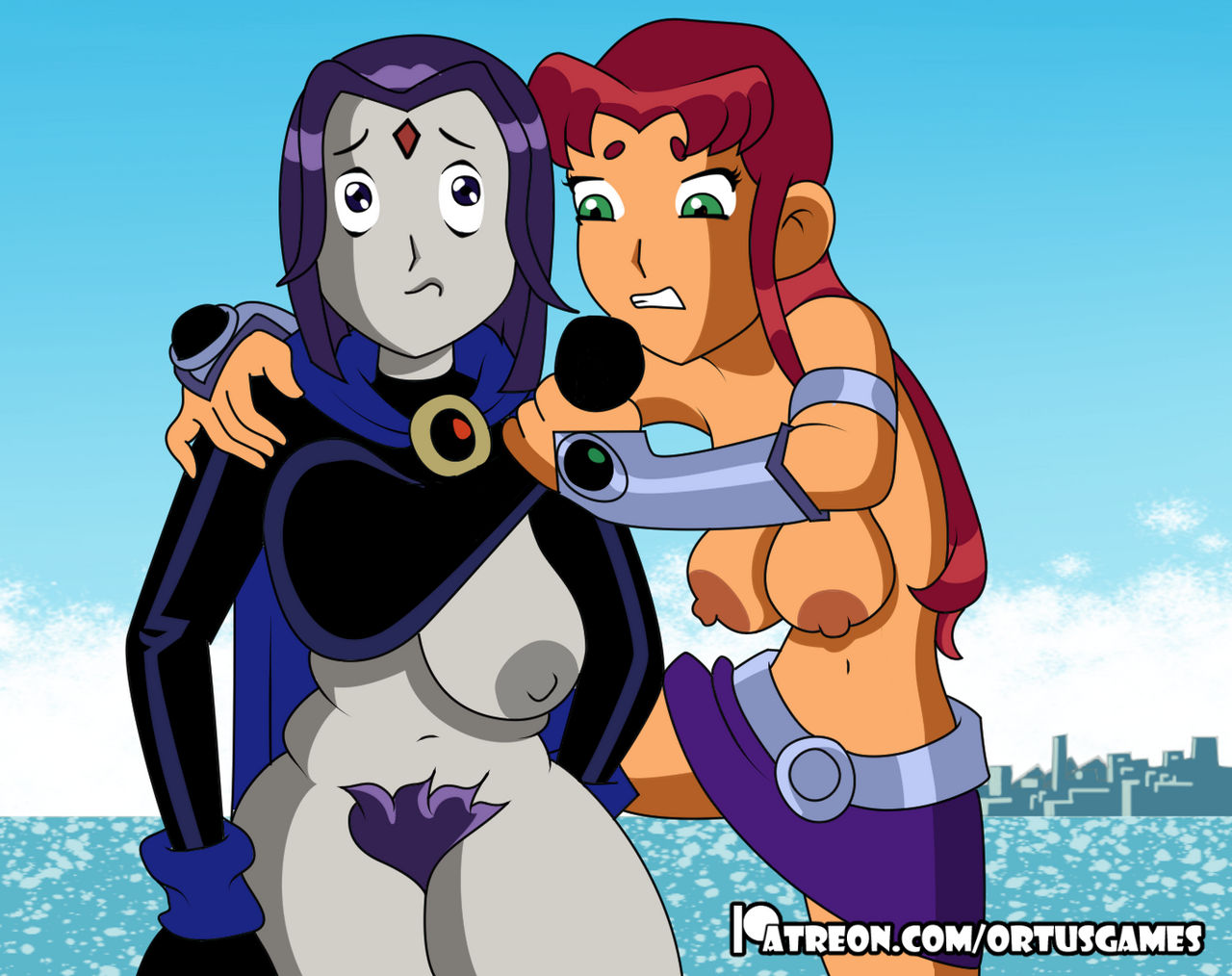 2girls breasts cloak clothing dc dc_comics female_only grey_skin human koriand'r leotard leotard_pull multiple_girls navel nipples ortus1 outerwear pale_skin pubic_hair purple_hair rachel_roth raven_(dc) starfire teen_titans topless unshaved_pussy wet