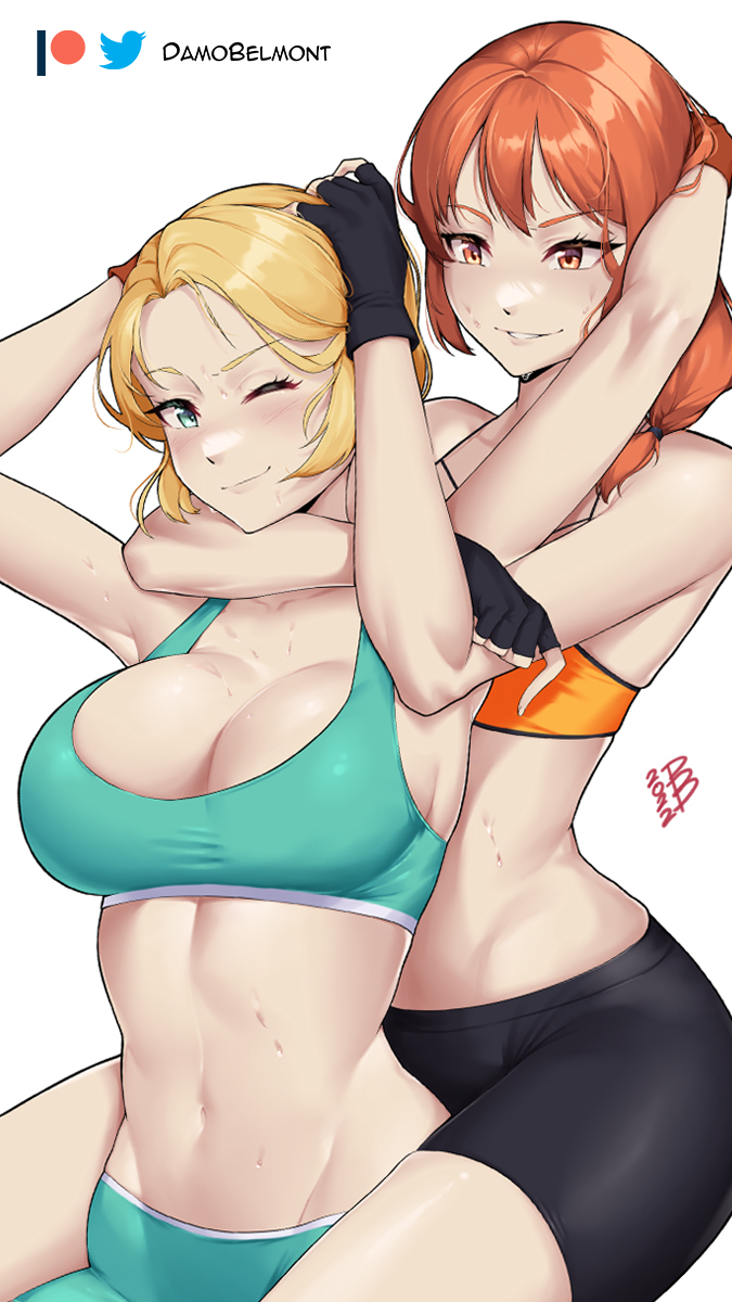 2girls bare_arms bare_shoulders blonde_hair breasts crop_top damodar female female_only fire_emblem fire_emblem:_three_houses green_eyes highres ingrid_brandl_galatea large_breasts leonie_pinelli midriff multiple_girls navel nintendo orange_eyes orange_hair post-timeskip short_hair simple_background sports_bra stomach white_background