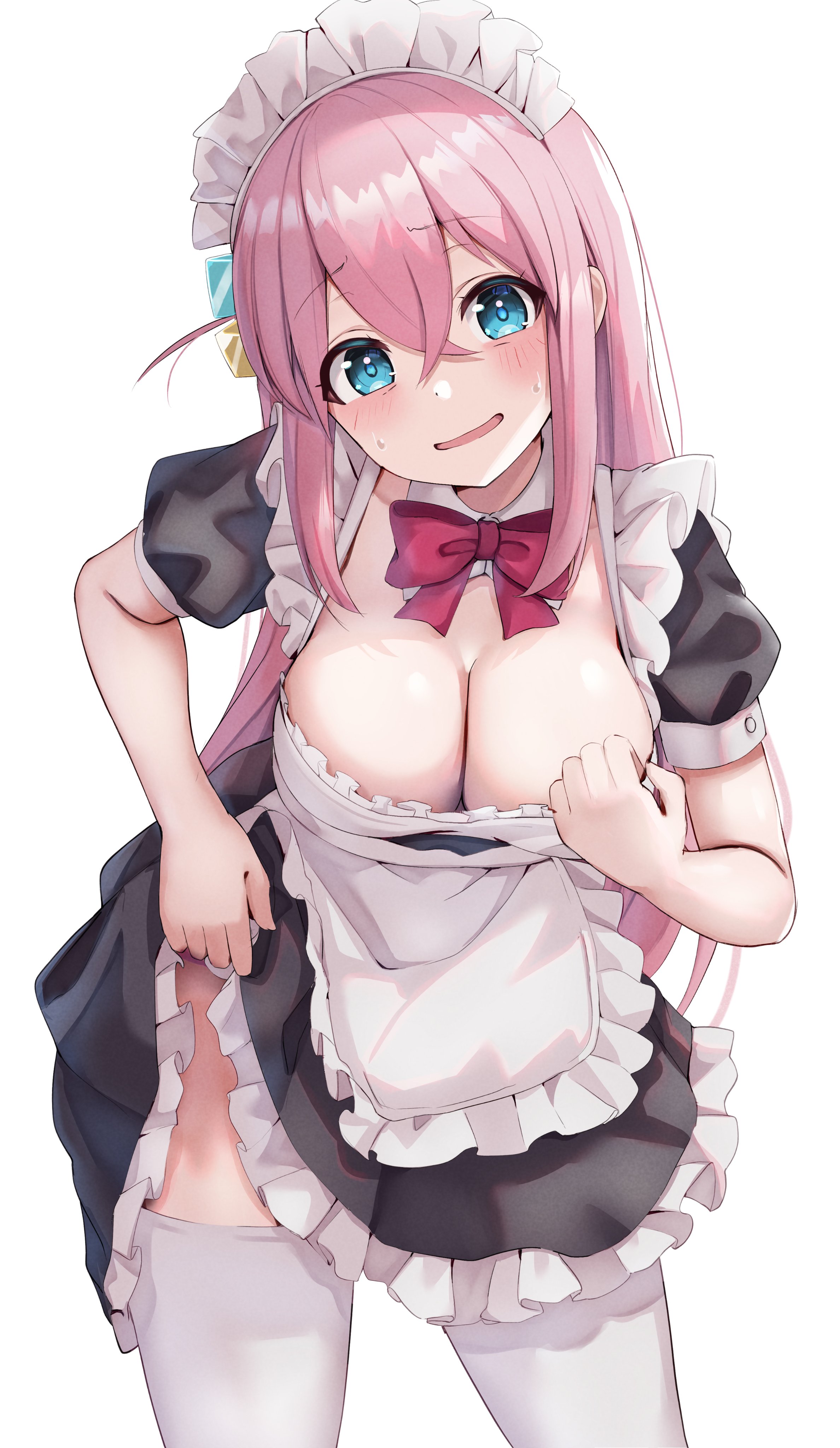 1girls, big breasts, blue eyes, bocchi the rock!, breasts, dress, eye contact, female, female only, gotou hitori, legwear, light skin, light-skinned female, long hair, looking at viewer, maid, maid headdress, maid uniform, pink hair, solo, thighhighs, thighs, uniform, yami anko
