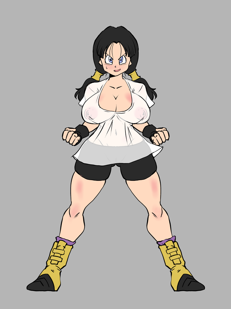 1girls 2022 black_hair blue_eyes clothing dragon_ball dragon_ball_z female female_only grey_background large_ass large_breasts narrow_waist open_mouth rickert_kai see-through see-through_clothing shounen_jump simple_background slim_waist smile solo solo_female straight_hair sweat sweatdrop thick_thighs tight_clothing tongue twintails videl wide_hips