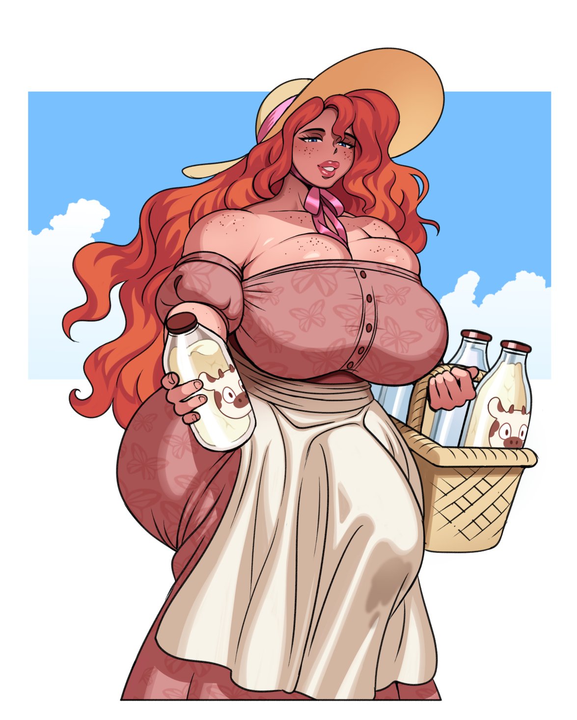 1futa apron basket big_ass big_breasts big_penis blue_eyes bulge bulge_through_clothing commission cum_in_bottle curvaceous dress erection_under_clothes exposed_shoulders freckles freckles_on_breasts futanari gandg ginger ginger_hair milk precum_stain red_dress red_hair redhead solo sun_hat