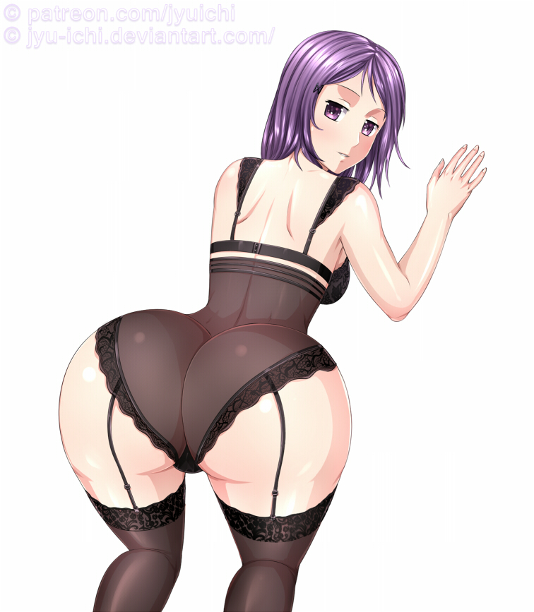 adult ass ass_focus big_ass big_butt black_panties black_socks breasts female junko_kaname jyuichi kaname_junko lace-trimmed_socks lace-trimmed_thighhighs legwear light-skinned_female light_skin lingerie mahou_shoujo_madoka_magica mature mature_female milf purple_eyes purple_hair seductive short_hair smile socks solo solo_female thigh_socks thighhighs voluptuous voluptuous_female white_background white_skin