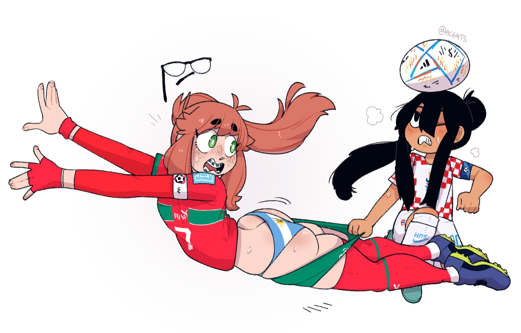 1boy, 1girls, ass, ass cleavage, ass crack, assisted exposure, big ass, braces, butt crack, cosmica (nuclearwasabi), exposed panties, female, gats, glasses, landlord's son (nuclearwasabi), male, original, original character, original characters, panties, pants down, pants pulled down, pantsing, shorts pull, soccer, soccer uniform, thick thighs, underwear, white background, younger male