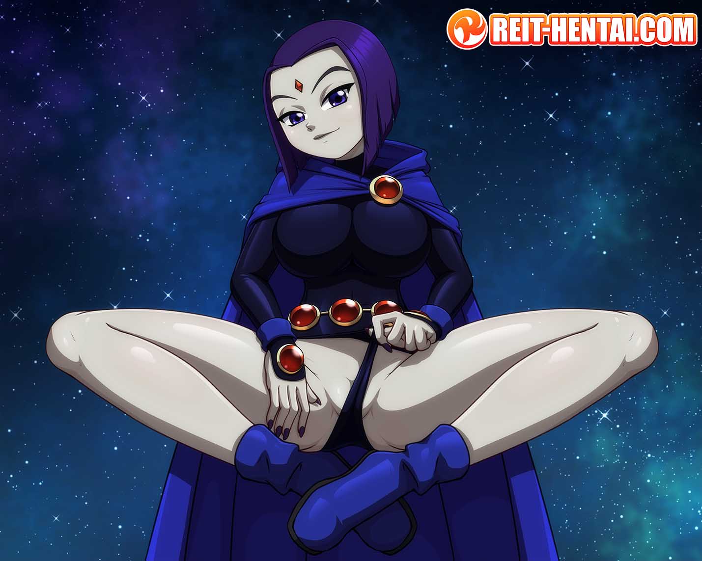 1girls, belt, big breasts, boots, breasts, cartoon network, cloak, dc, dc comics, female, forehead jewel, leotard, leotard pull, looking at viewer, open legs, pale skin, purple eyes, purple hair, pussy, rachel roth, raven (dc), reit, shaved crotch, shaved pussy, short hair, space, teen titans, tight clothing, watermark