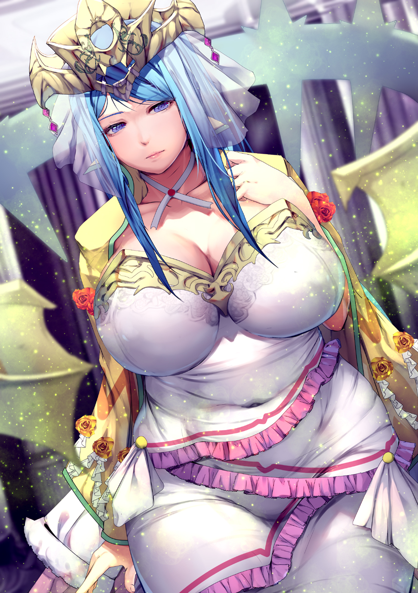 1girls blue_eyes blue_hair breasts cleavage clothed_female colored covered_navel crown dress female fire_emblem fire_emblem_engage flower harihisa headdress highres hourglass_figure jewelry large_breasts long_hair lumera_(fire_emblem) mature_female milf navel nintendo plump purple_eyes red_eyes ribbon rose shaded solo tight_clothing veil white_ribbon wide_hips