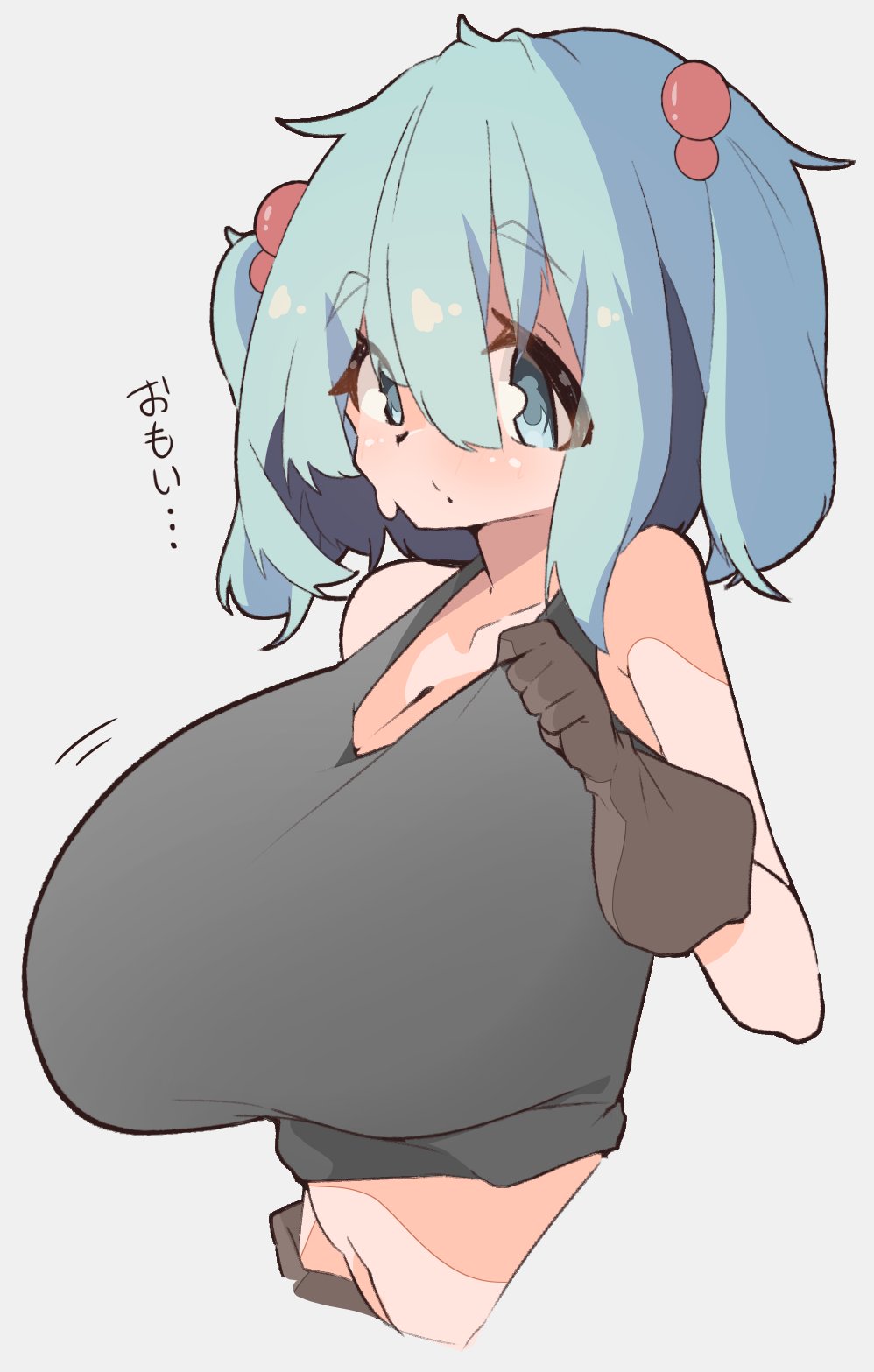 1girls accessory anime_style belly big_breasts blue_eyes blue_hair blush gloves japanese_text light_hair light_skin nitori_kawashiro simple_background spy_artservice touhou