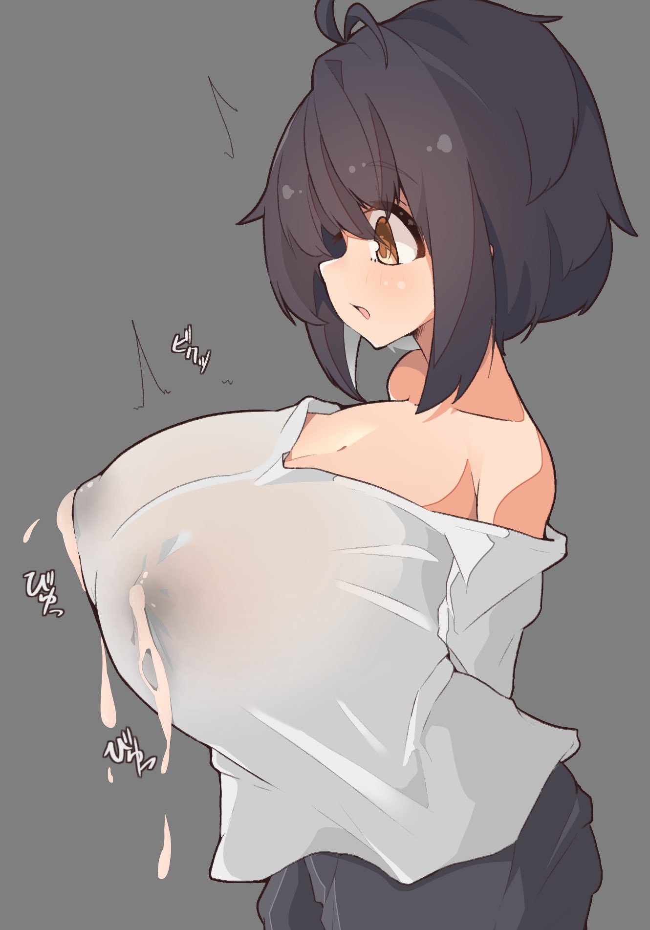 1girls anime_style arms_behind_back big_breasts black_hair erect_nipples_under_clothes female female_only lactating lactation light_hair light_skin milk_squirt onomatopoeia original original_character pants red_eyes shirt simple_background solo solo_female spy_artservice surprised sweat