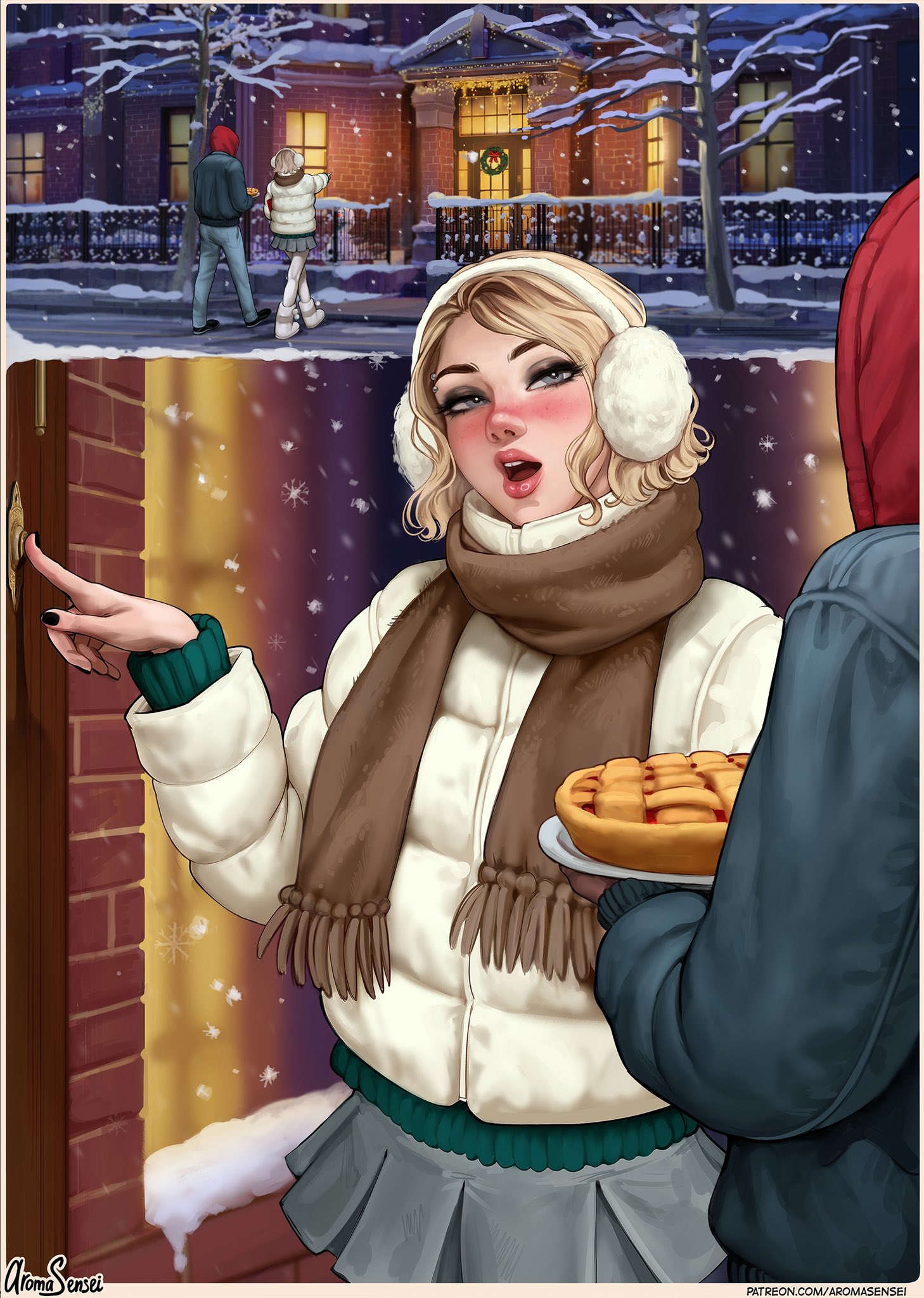1boy, 1girls, aroma sensei, athletic, athletic female, blonde hair, cute, cute face, eyebrow piercing, eyebrows, eyes, eyeshadow, female, female focus, food, full body, gwen stacy, hair, hips, legs, light skin, light-skinned female, lips, male, marvel, marvel comics, outdoors, pie, short hair, skirt, snow, spider-gwen, spider-man (series), spider-man: into the spider-verse, superhero, superheroine, thick, thick legs, thick thighs, thighs, voluptuous, walking, wide hips