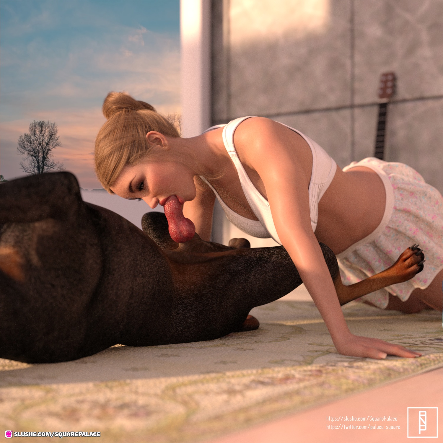 1animal, 1girls, 3d, arm support, blonde hair, bra, canine, canine penis, carpet, domestic dog, dominant female, fellatio, female, hair bun, indoors, male, on back, on floor, penis, skirt, squarepalace, white bra, zoophilia