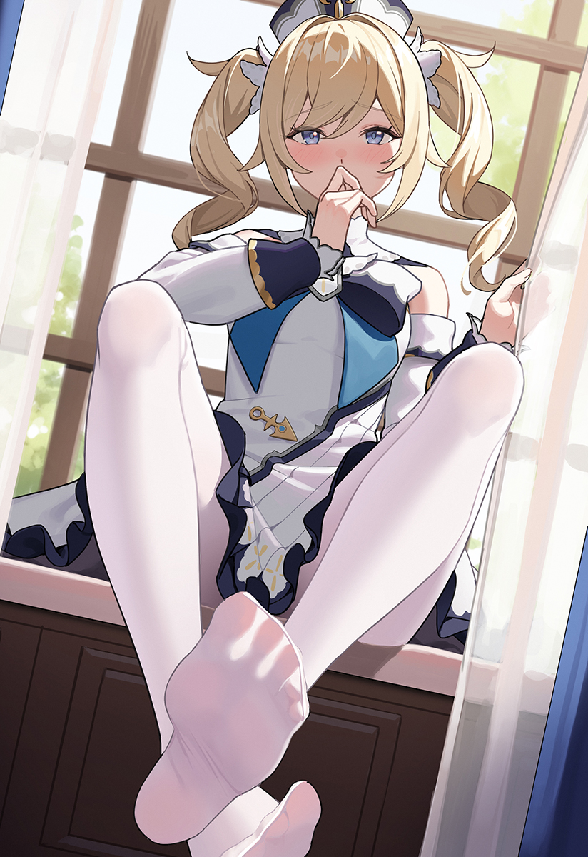 1girls, barbara (genshin impact), blonde hair, blue eyes, blush, feet, female, foot focus, genshin impact, goumudan, looking at viewer, nun, soles, spread legs, submissive, submissive female, toes, twintails, white pantyhose