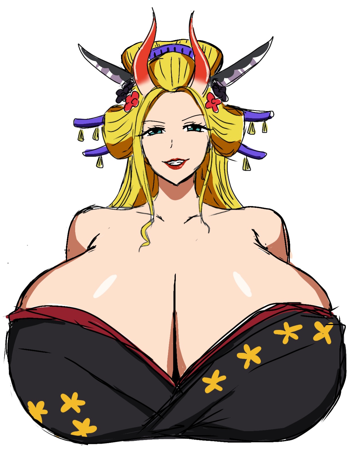 1girls, 2d, 2d (artwork), alternate body type, alternate breast size, big breasts, black maria, blonde hair, blonde hair female, blue eyes, blue eyes female, breasts, breasts bigger than head, busty, busty female, curvy, curvy body, curvy female, curvy figure, digital drawing (artwork), digital media (artwork), female, female focus, female only, geisha, hair ornament, horn, horns, huge breasts, kissable lips, large breasts, long hair, long hair female, massive breasts, mature, mature woman, momiji (artist), one piece, red lips, simple background, solo, solo female, solo focus, upper body, white background