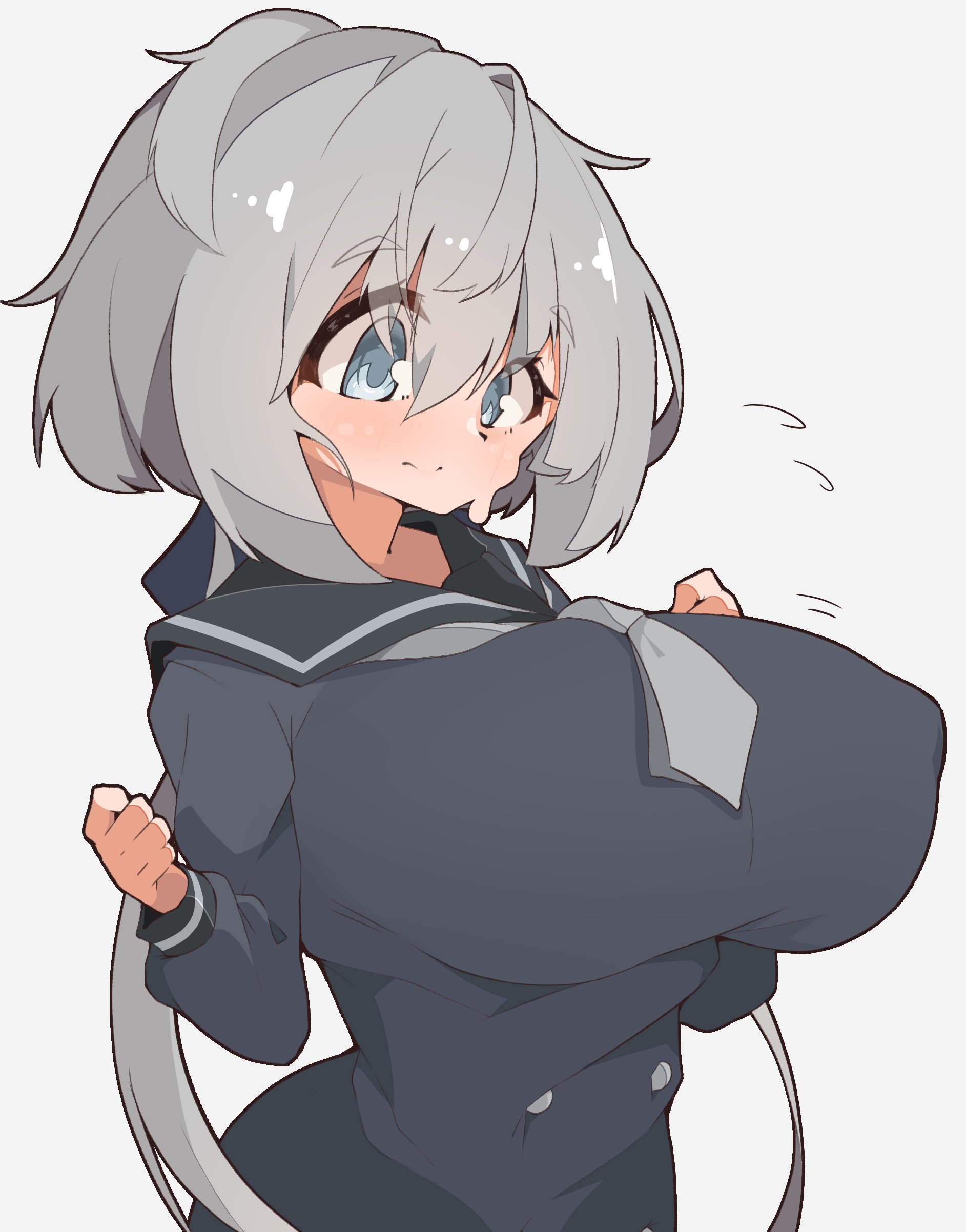 1girls, anime style, big breasts, blue eyes, blush, breasts, breasts bigger than head, cute, female, grey hair, konno junko, light hair, school uniform, seifuku, short hair, simple background, spy artservice, sweat, tie, uniform, zombie land saga