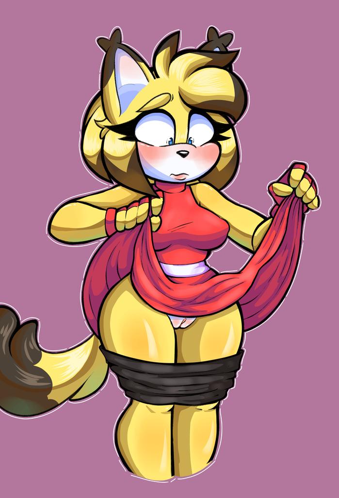 1girls anthro big_breasts blue_eyes blush dress embarrassed fan_character female fingerless_gloves frown lifting_dress mayghely mostly_clothed nipples_visible_through_clothing original_character pussy red_dress small_waist solo sonic_(series) sonic_oc spats thick_thighs vagina wide_hips