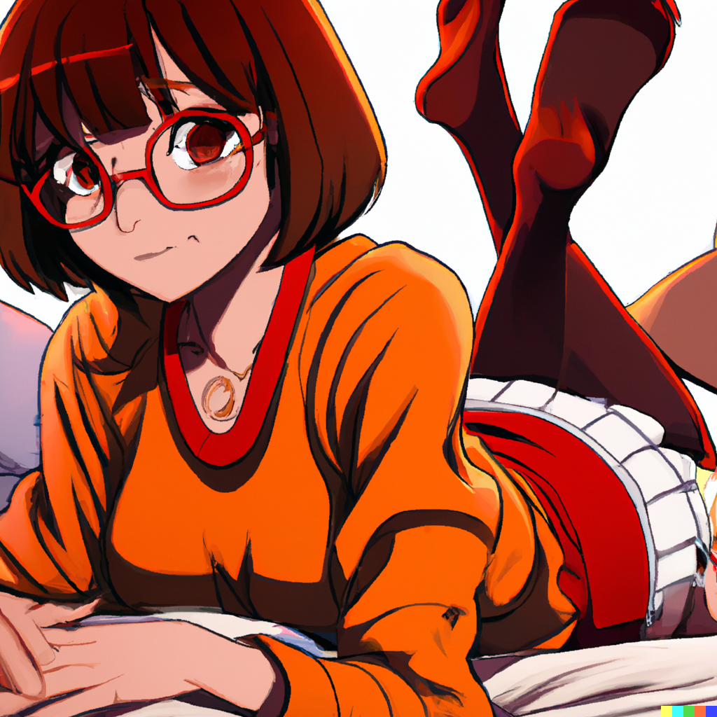 ai_generated coon8384 large_breasts legs_up legwear orange_sweater red_skirt scooby-doo skirt the_pose velma_dinkley