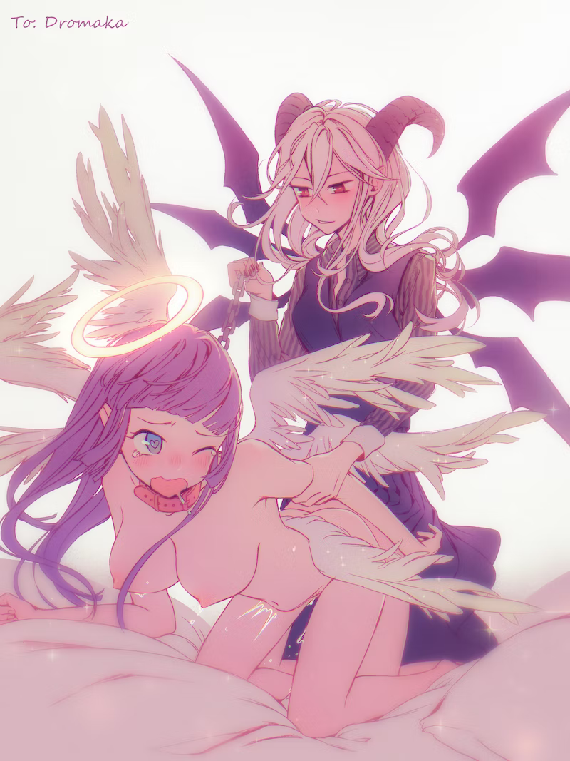 1futa 1girls angel angel_girl angel_wings bangs bed bed_sheet blue_eyes breasts chains clothed clothing cock_bulge collar demon demon_girl demon_horns demon_wings duo female funamusea futa_on_female futanari heart-shaped_pupils horns human jia_ni light-skinned_female light-skinned_futanari light_skin long_hair luna_(funamusea) mind_break mostly_clothed nail_polish nipples nude one_eye_closed open_mouth purple_hair rape red_eyes reficul rough_sex sex the_gray_garden white_hair wings