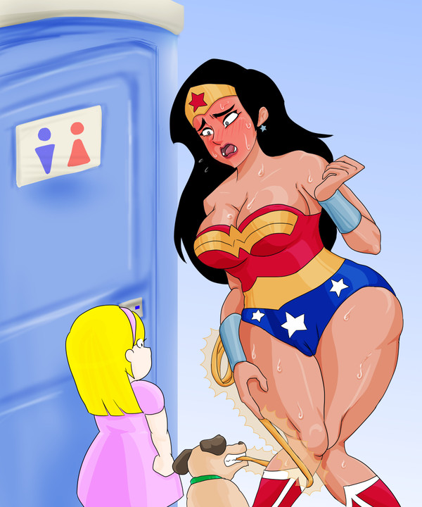 1cho1ri big_breasts blush cameltoe canine dc dc_comics desperation dog have_to_pee holding_it_in need_to_pee nervous omorashi panties pee_desperation porta_potty sweating talking_to_another thick_thighs wonder_woman wonder_woman_(series)