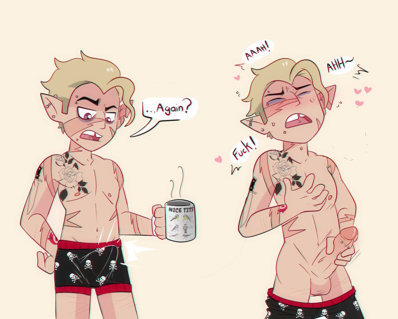 1boy, blonde hair, blush, cafe, closed eyes, erection, gay, heart, hunter (the owl house), male, male only, masturbation, moan, morning wood, penis, penis grab, pilledhunter, pleasure face, scars, scars all over, the owl house, underwear