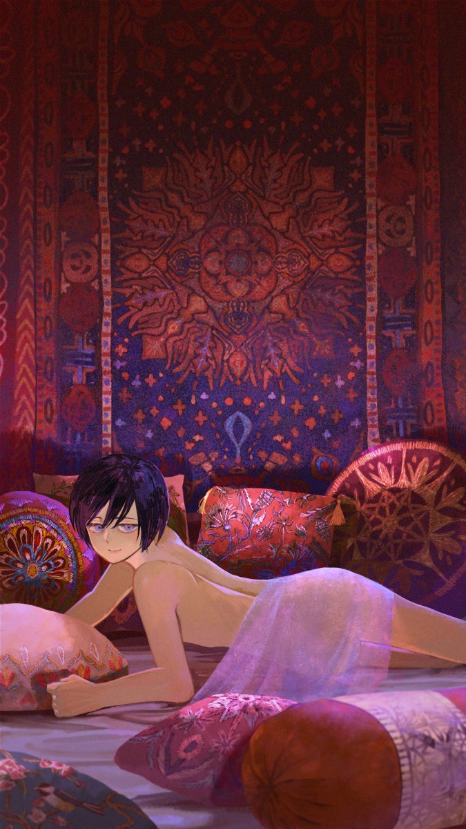 00mis0 aged_down androgynous bishonen bishounen black_hair canon dark_hair detailed detailed_background femboy kengan_(series) kengan_ashura kiryu_setsuna looking_at_viewer looking_back male male_only nude on_bed on_side painting_(artwork) pillows prostitute prostitution purple_eyes purple_hair smile solo tapestry twink