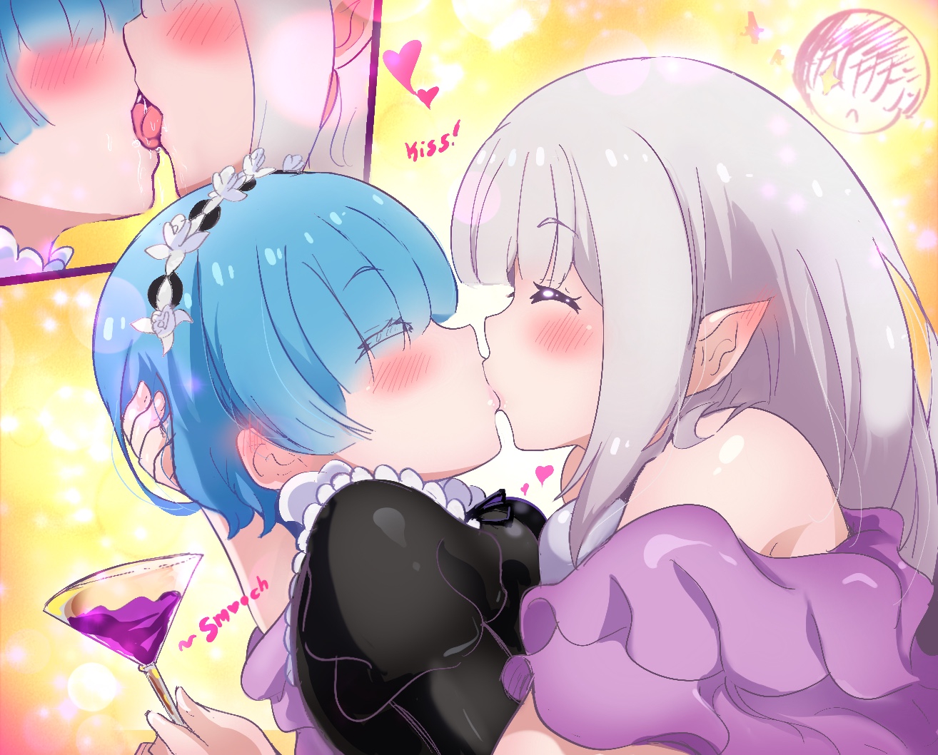 2girls, blue hair, blush, closed eyes, dressed, drunk, elf, elf ears, elf female, elf girl, emilia (re:zero), female, female dominating female, female focus, female only, female/female, half elf, lesbian, lesbian kiss, long hair, multiple females, multiple girls, oni, oni female, re:zero kara hajimeru isekai seikatsu, rem (re:zero), saliva, short hair, silver hair, tatigami, tongue, tongue kiss, tongue out, yuri