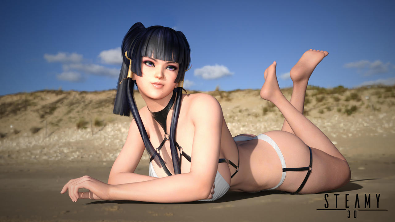 1girls 3d bangs beach big_breasts bikini breasts dead_or_alive dead_or_alive_5 female female_focus female_only hime_cut long_bangs long_hair looking_at_viewer nyotengu purple_eyes purple_hair sand smile smiling smiling_at_viewer steamy3d swimsuit swimwear thick_thighs toned toned_female wide_hips