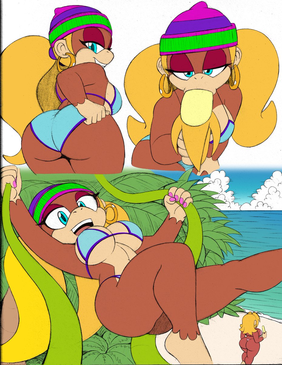 2girls anthro ape armpits ass banana banana_blowjob banana_in_mouth beanie big_ass big_breasts blonde_hair boobs breasts brown_fur bubble_butt candy_kong cleavage donkey_kong_(series) fellatio_gesture female female_only fur furry furry_only hoop_earrings looking_back monkey monkey_girl multiple_girls omegasunburst pink_fingernails primate solo_focus swimsuit thong tiny_kong twintails