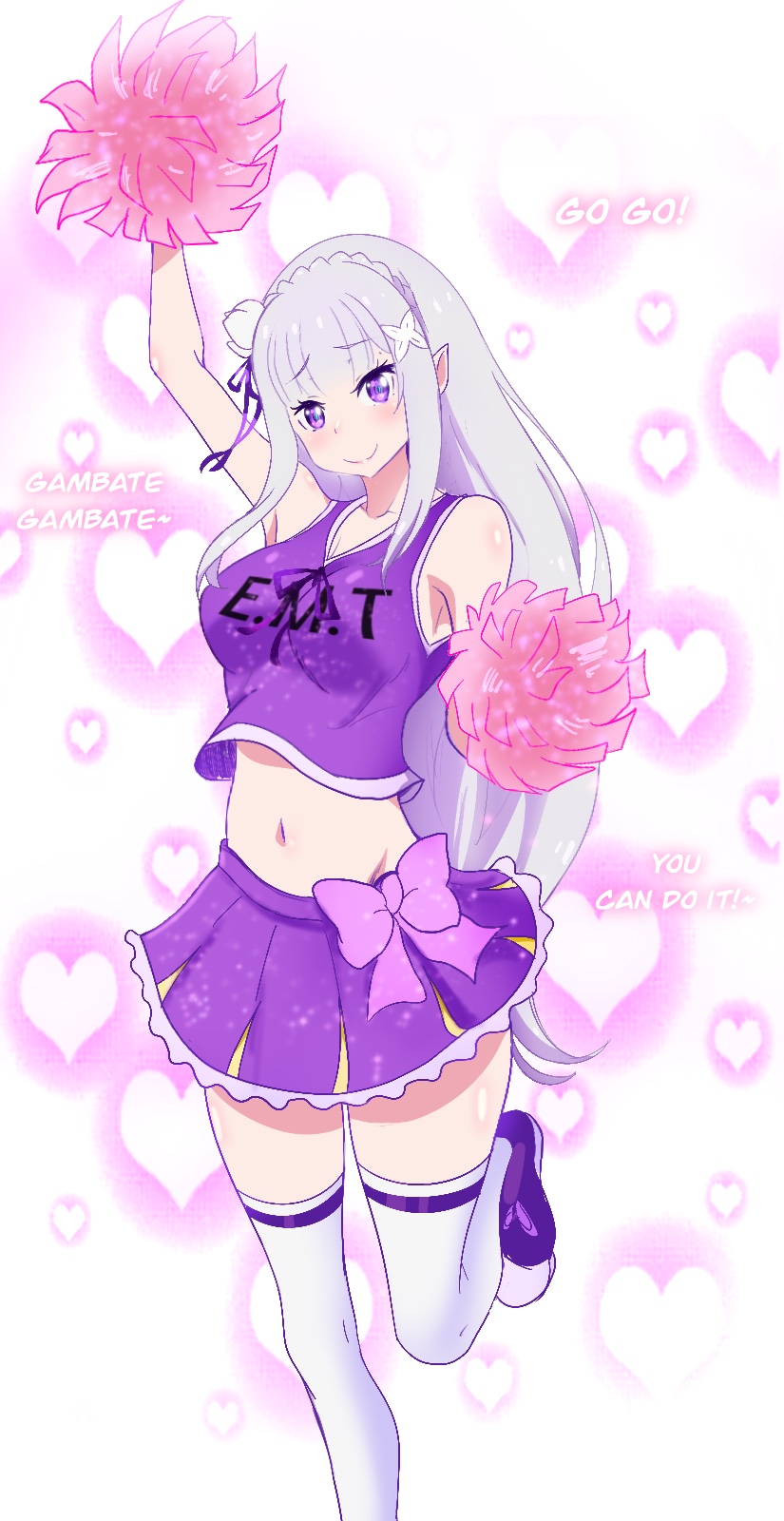 big_breasts cheerleader cheerleader_uniform elf elf_ears elf_female emilia_(re:zero) half-elf long_hair only_female purple_eyes re:zero_kara_hajimeru_isekai_seikatsu tatigami white_hair