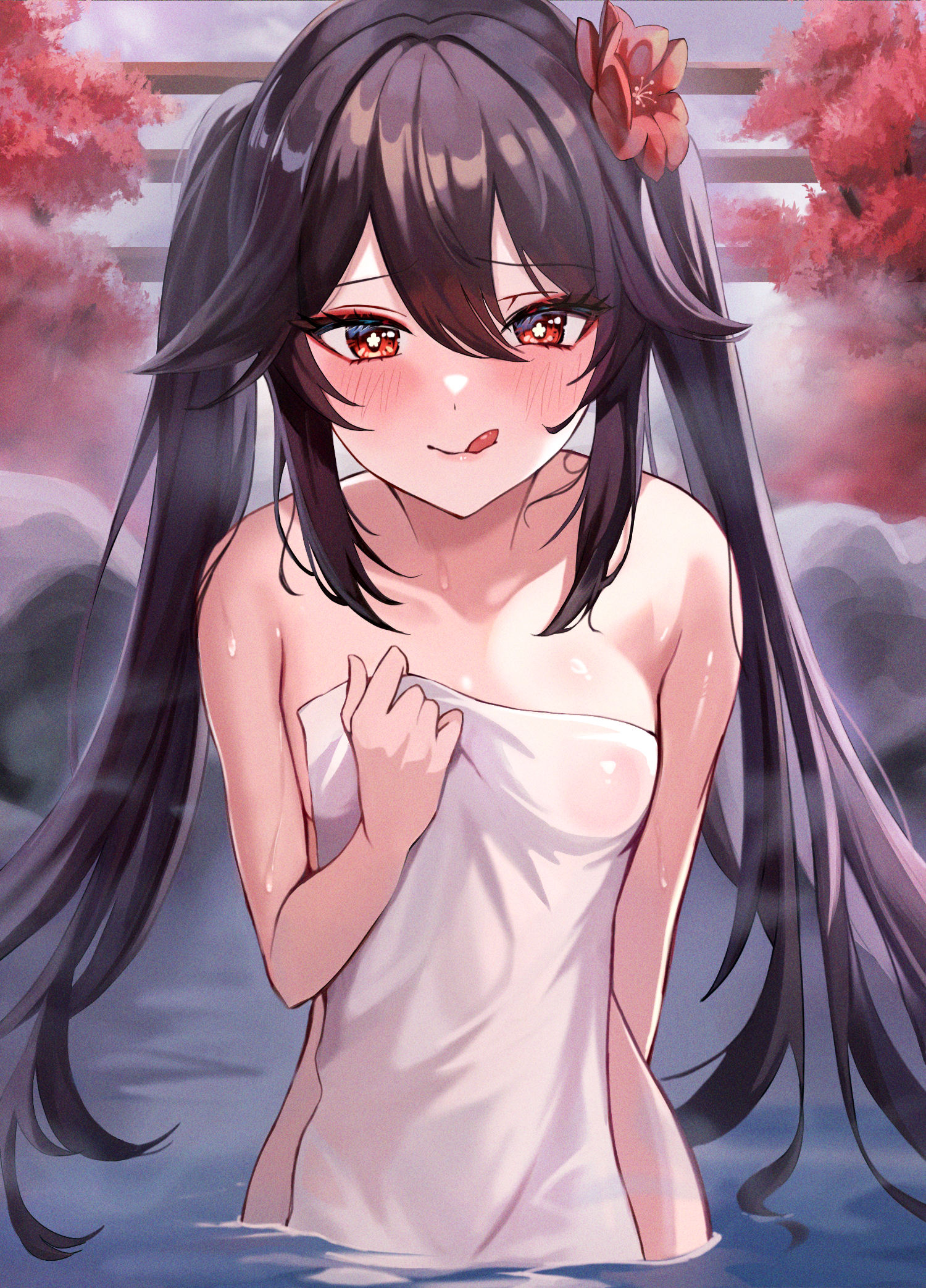 1girls, blush, completely nude, doco (doco3811), female, female only, genshin impact, hu tao (genshin impact), human, long twintails, naked towel, nude, nude female, solo, solo female, towel, towel only, twintails