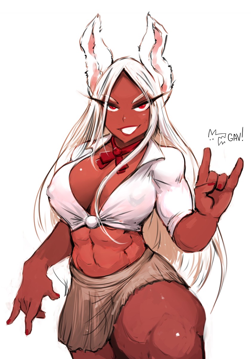 aleksandrgav, athletic, athletic female, bare midriff, breasts, busty, colored skin, female, female focus, female only, hourglass figure, miniskirt, miruko, muscle tone, muscles, muscular, muscular female, my hero academia, nipple bulge, rabbit ears, red skin, rumi usagiyama, school uniform, schoolgirl, skirt, tagme, tied shirt, toned, toned female, wide hips