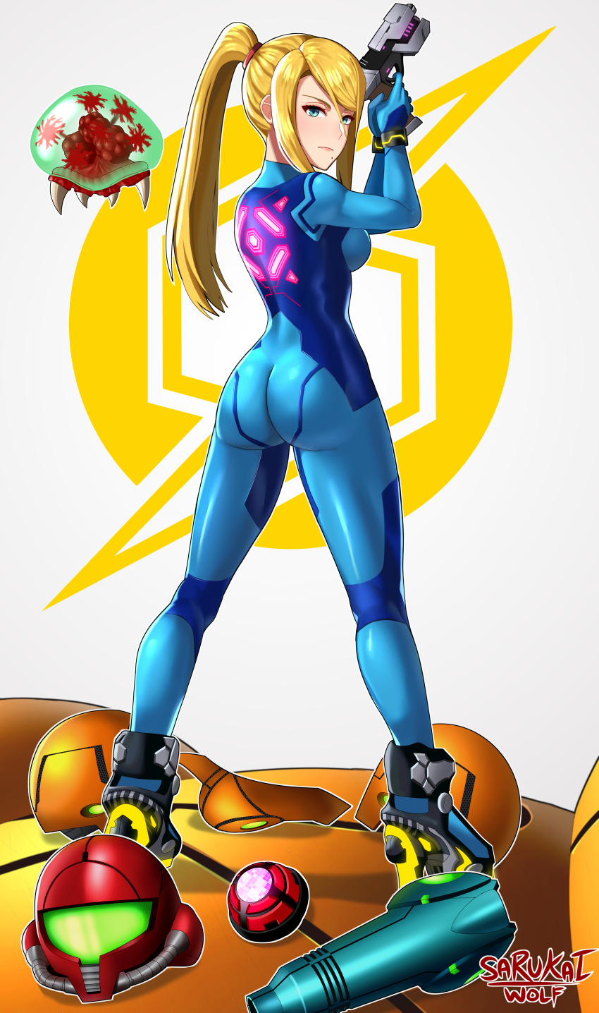 1girls armor ass female female_only fully_clothed helmet helmet_with_visor high_heels metroid nintendo samus_aran sarukaiwolf shiny_clothes standing tagme tight_clothing varia_suit varia_suit_helmet zero_suit zero_suit_samus