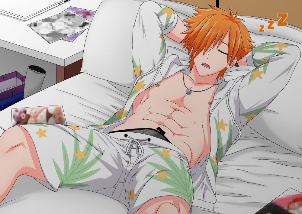 bar_censor bracelet erection fate/grand_order fate_(series) hair_over_one_eye hasemi_shiruku hawaiian_shirt male male_only mosaic_censoring muscular muscular_male necklace open_mouth orange_hair penis pornography robin_hood_(fate) short_hair shorts sleeping