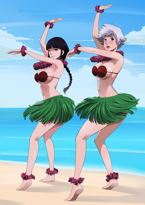 2girls anklet artist_request asymmetrical_hair barefoot beach big_breasts bikini bikini_top black_hair bleach blunt_bangs blush braid braided_ponytail braids breasts busty clenched_teeth coconut coconut_bra dancing earrings female female_only flower_necklace height_difference hula hula_dancer hula_skirt kotetsu_isane kurotsuchi_nemu long_hair midriff multiple_girls navel necklace ocean outdoors ponytail purple_hair revealing_clothes sand seaside shore short_hair short_hair_with_long_locks sidelocks silver_hair single_braid skirt smaller_female soles taller_female tied_hair toes very_long_hair voluptuous water wristband