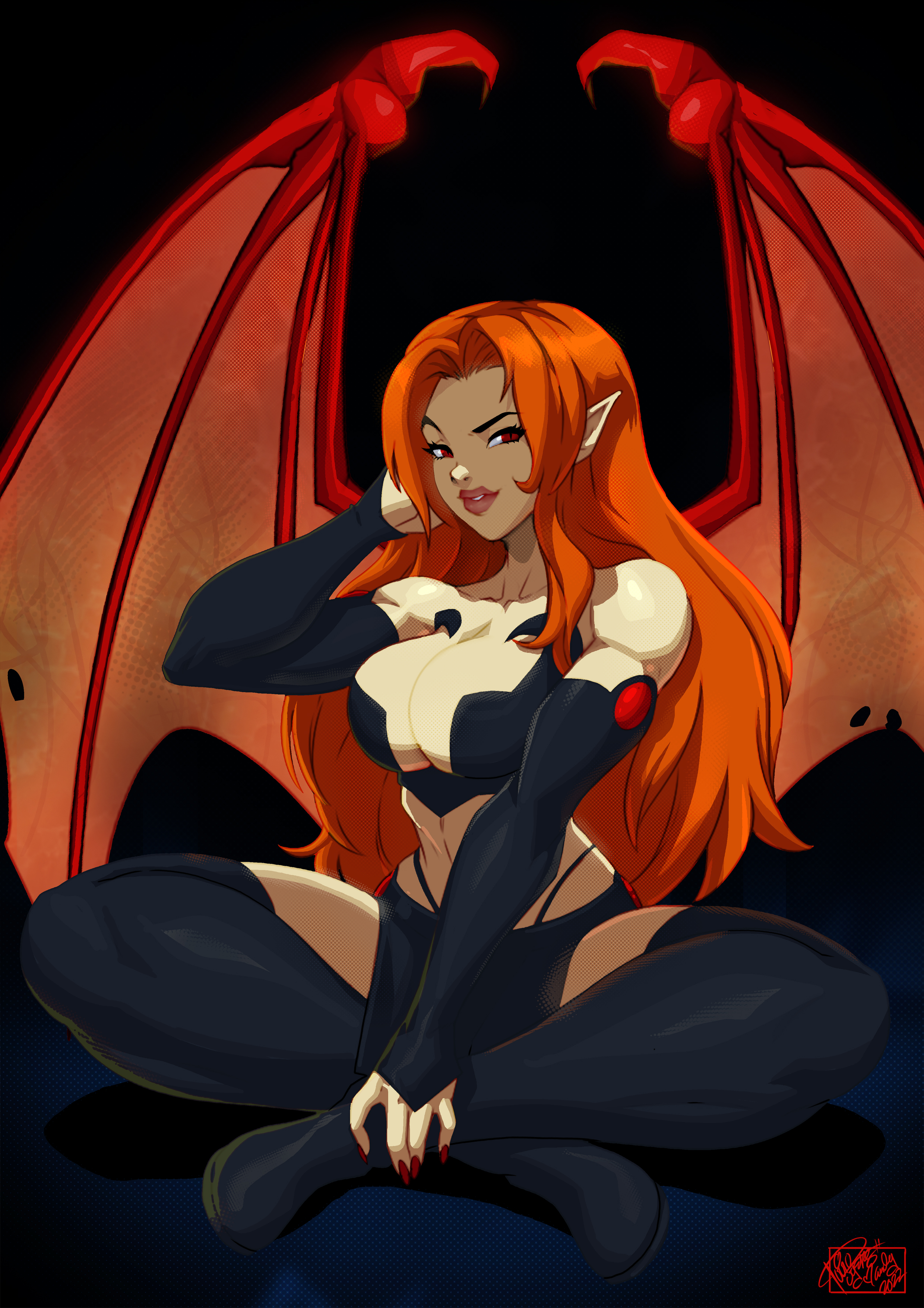 1girls, arm sleeves, breasts, character request, cleavage, commission, crossed legs, demon, demon girl, demon wings, female, female focus, female only, hand behind head, legwear, long hair, looking at viewer, narrowed eyes, orange hair, original, original character, pink lips, pointy ears, red eyes, sitting, solo, tovio rogers, very high resolution, wings