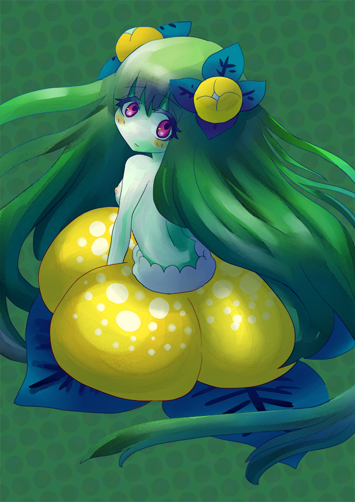 alraune blush eyebrows_visible_through_hair female frown green_skin long_hair medium_breasts monster_girl n_(artist) original plant_girl purple_eyes solo very_long_hair