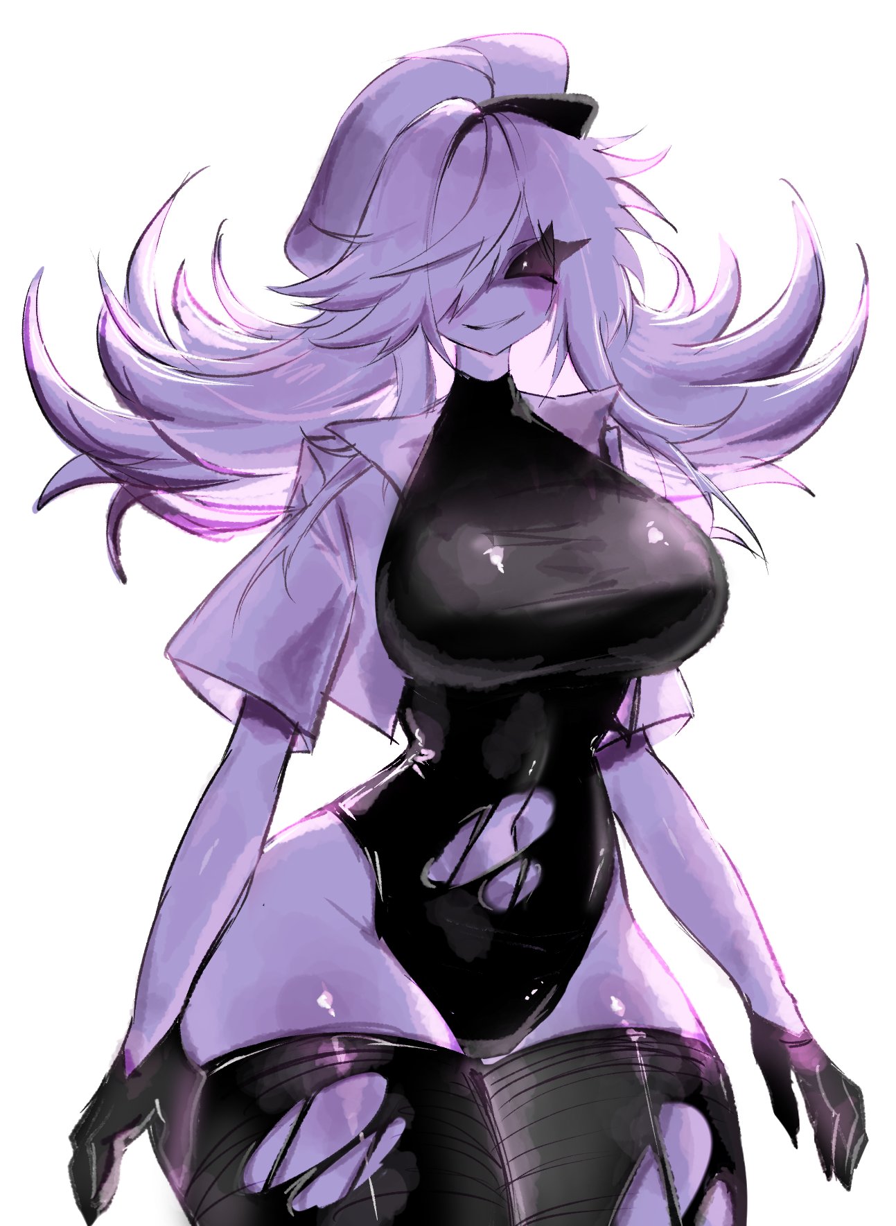 1girls, big breasts, black gloves, black sclera, breasts, clothed, clothing, curvy, female, five nights at freddy's, genderswap, genderswap (mtf), gloves, hair over one eye, hat, hourglass figure, huge breasts, jacket, large breasts, long hair, looking at viewer, navel, one eye obstructed, purple guy (fnaf), purple hair, purple hat, purple jacket, ripped clothing, ripped stockings, rule 63, scottgames, smile, solo, stockings, thick thighs, usa37107692, wendy afton, white eyes, wide hips, william afton
