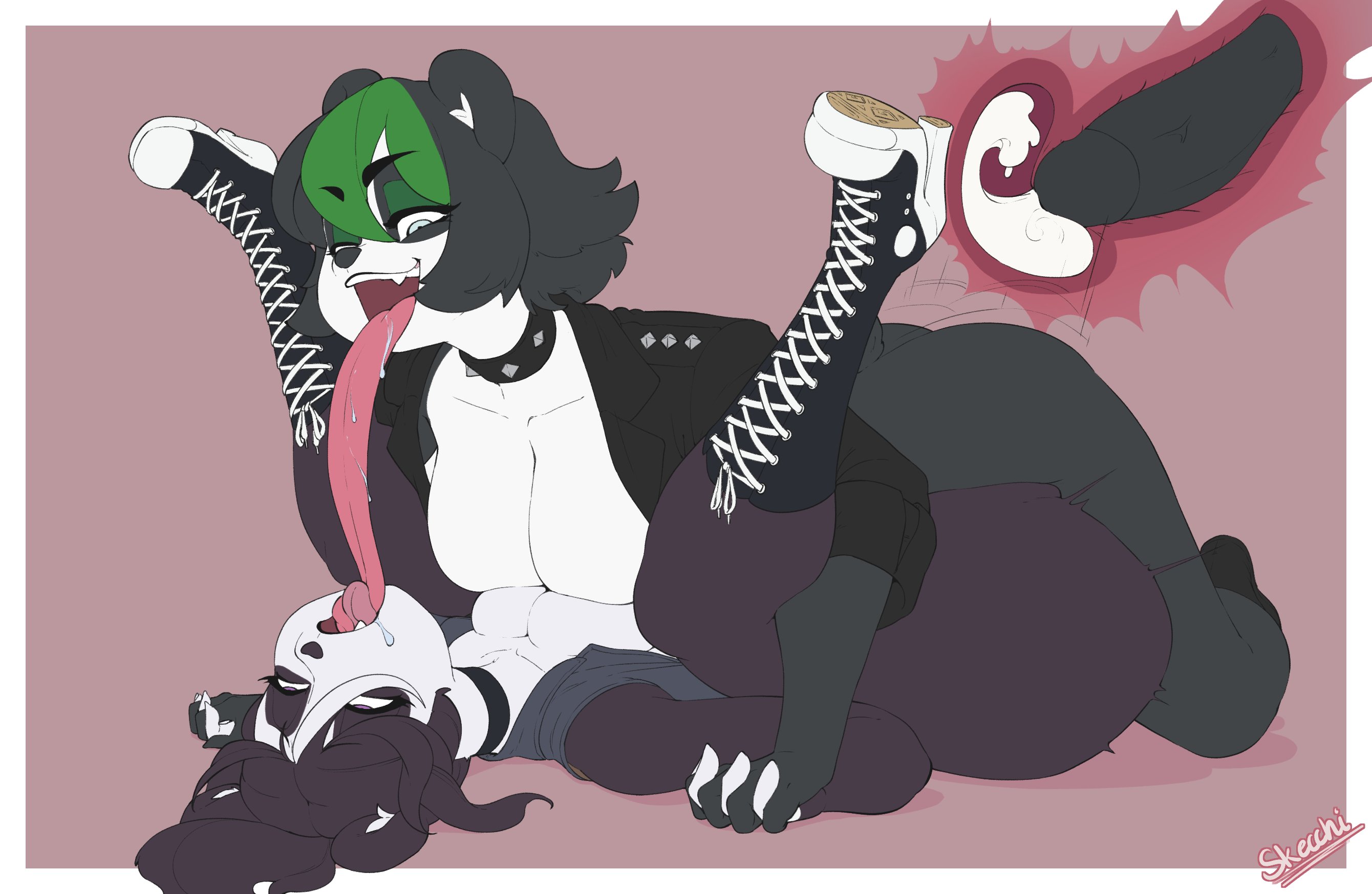 1futa, 1girls, anthro, black hair, breasts, breasts to breasts, choker, commission, converse, cum, cum in pussy, cum in uterus, cum inside, female, futa on female, futanari, giant panda, goth, green highlights, hand holding, hi res, intersex, jacket, kneehigh converse, leather jacket, long tongue, mating press, medium hair, narrowed eyes, original character, panda, panda ears, penis, pink eyes, pleasure face, pussy, skecchiart, sleeves rolled up, smiling, sneaker high heels, spiked collar, thick thighs, tongue kiss, ursine, uterus, vivian vivi (skecchiart)