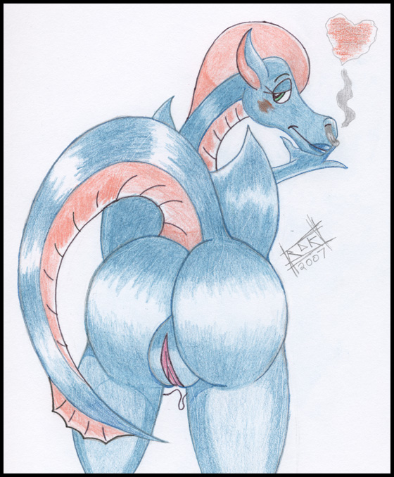 anthro ass big_butt dragon dulcy dulcy_the_dragon female genitals green_eyes leaning_on_wall long_tail looking_back nude pussy reddragonkan scalie sega solo sonic_(series) sonic_the_hedgehog_(series) traditional_media_(artwork)