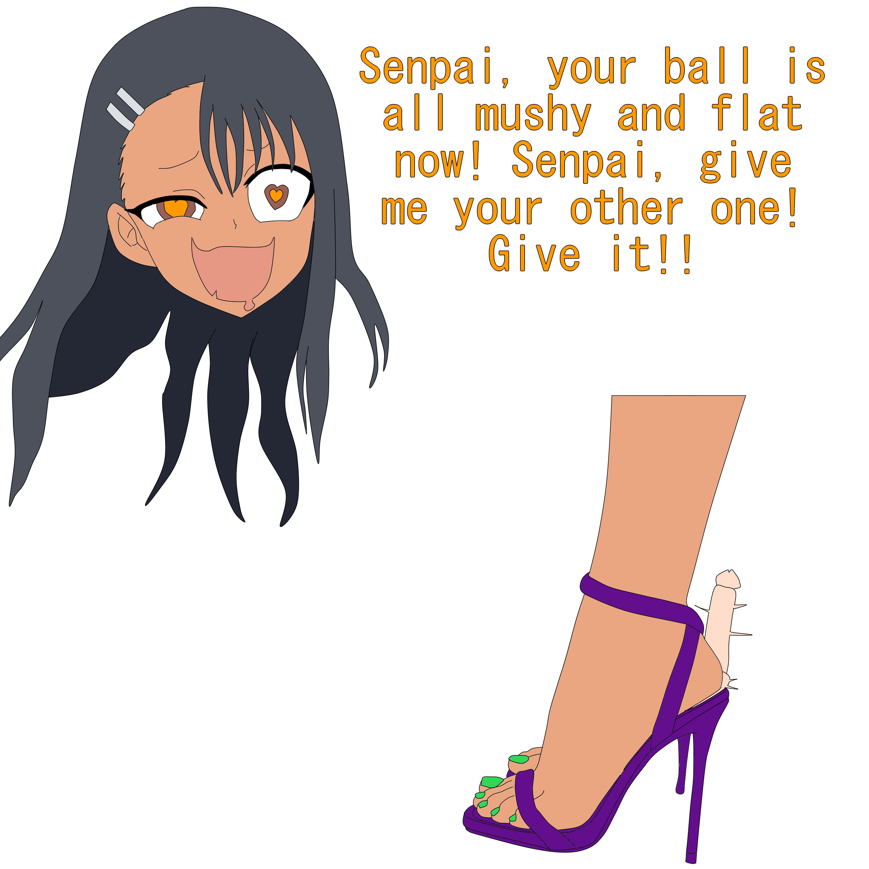 1girls, ballbusting, black hair, brown eyes, clothed, clothing, english text, erection, female, femdom, hayase nagatoro, heart-shaped pupils, hi res, high heels, highres, humiliation, long hair, looking at viewer, male, naoto hachioji (senpai), open mouth, penis, please don't bully me, nagatoro, pricklycactus, revealing clothes, simple background, small penis, small penis humiliation, tan, tan body, tan skin, tan-skinned female, tanned, tanned female, text, white background