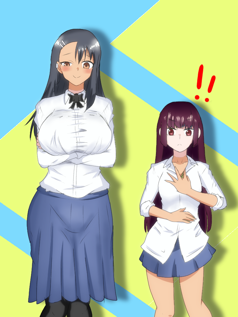 2girls big_breasts black_hair blush breasts brown_eyes clothed clothing curvy dojang earrings female female_only hayase_nagatoro hi_res highres long_hair looking_at_viewer multiple_girls please_don't_bully_me,_nagatoro president_(nagatoro) purple_hair red_eyes revealing_clothes sana_sunomiya simple_background small_breasts smile tan tan-skinned_female tan_body tan_skin tanned tanned_female wide_hips