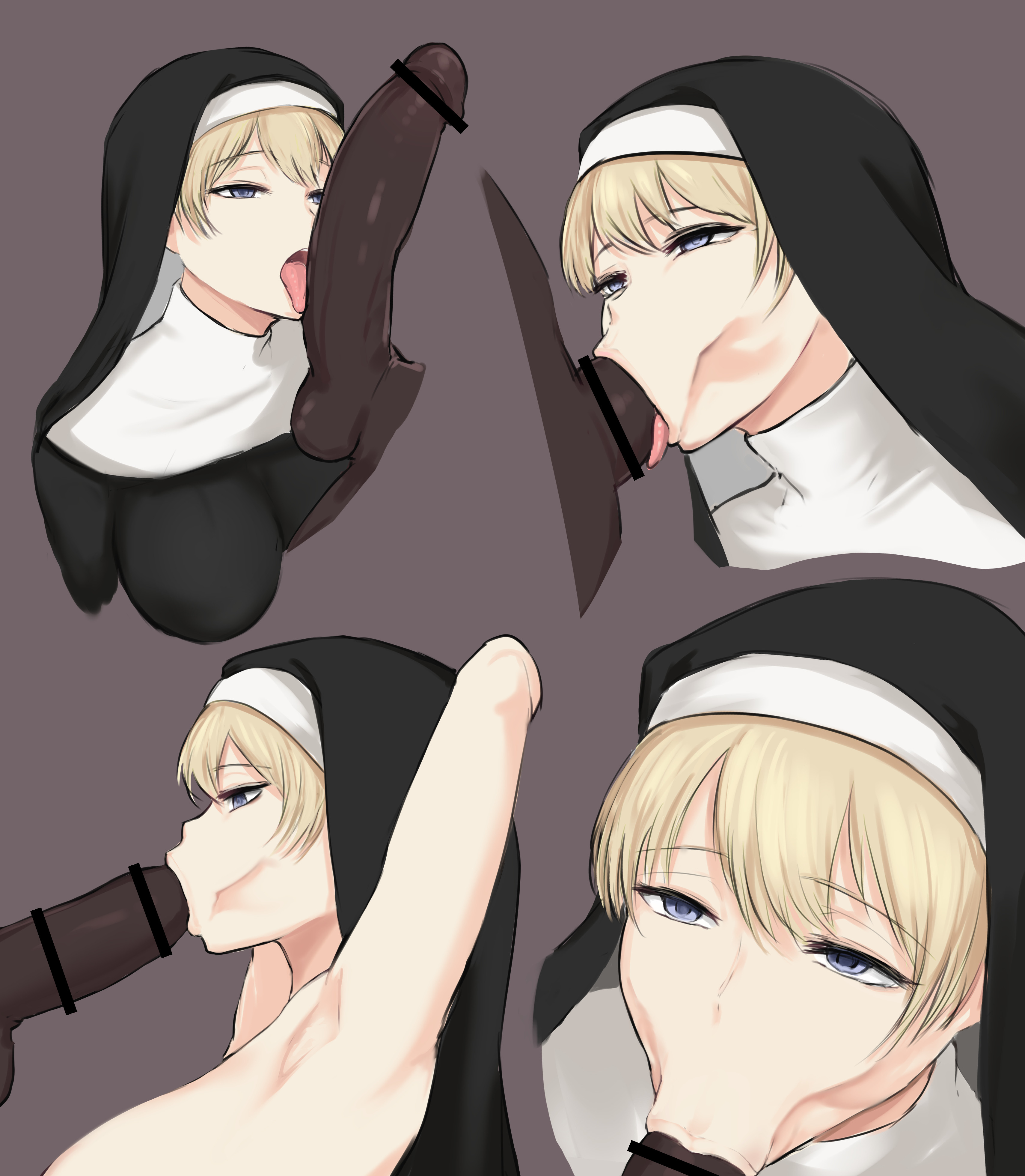 :>=, 1boy, 1girls, anju (anjuionushi), censored, clothed female, clothed sex, dark skin, dark-skinned male, deepthroat, disembodied penis, dominant female, expressionless, fellatio, female, highres, interracial, licking penis, light skin, light-skinned female, male, nun, original, original character, penis, veil
