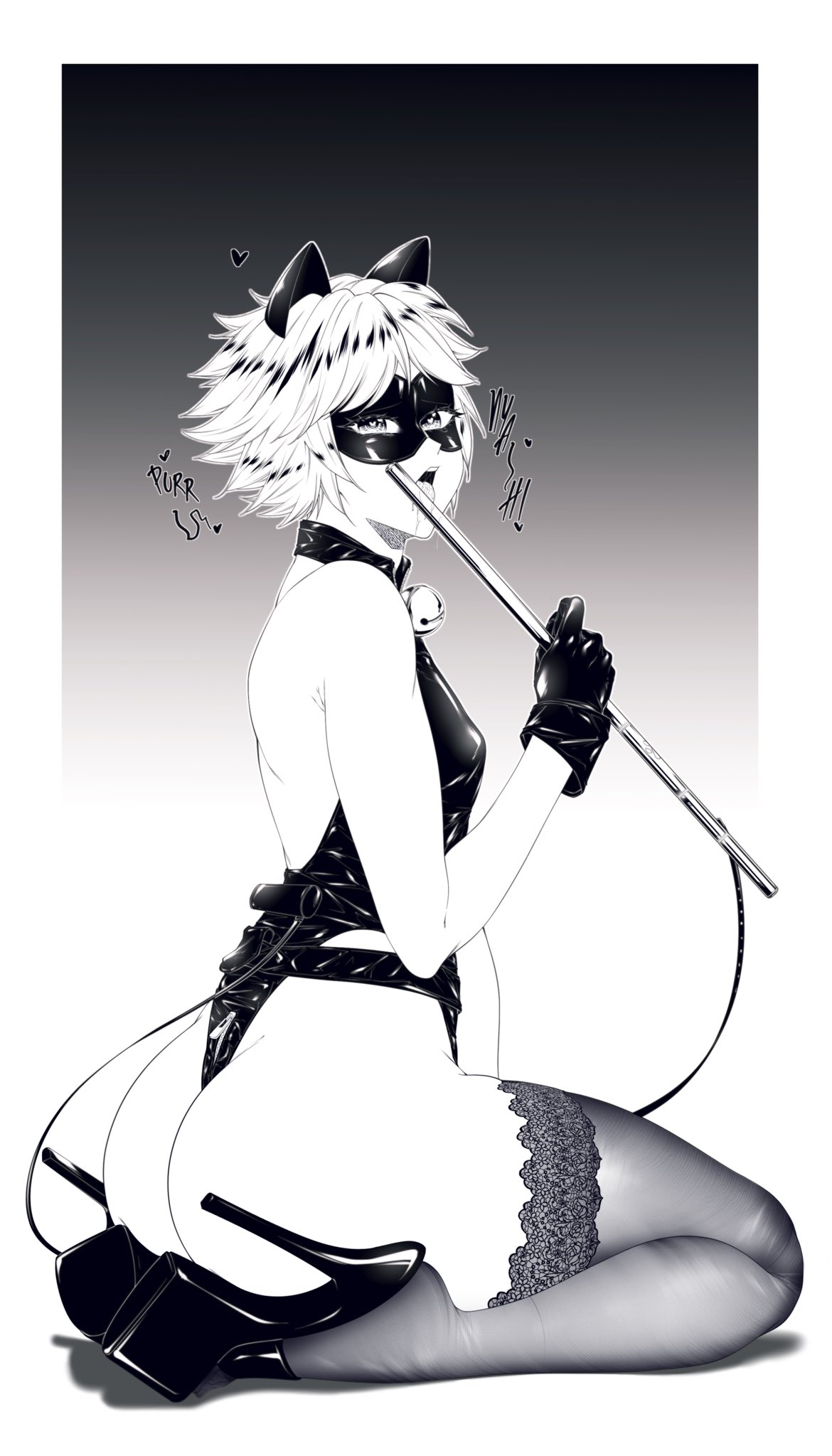 1boy adrien_agreste ass cat_ears cat_noir eyemask femboy high_heels licking male male_only miraculous_ladybug monochrome solo stockings straight_hair suiren_ciao trap