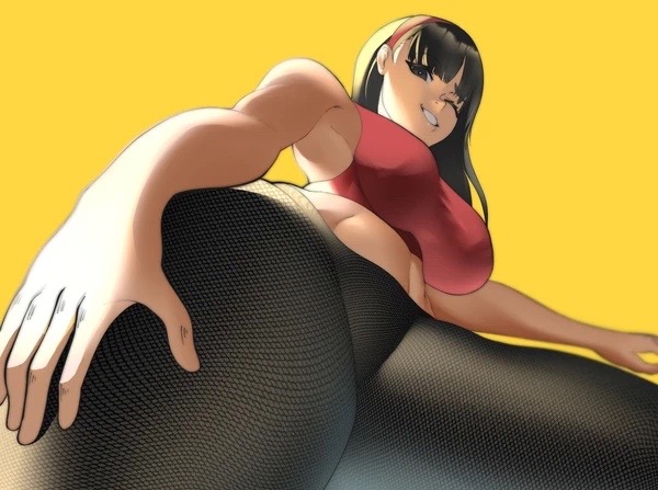 amagi yukiko, big breasts, breasts, dark hair, female, looking at viewer, looking down, looking pleasured, okaimikey, persona, persona 4, red bra, smiling, smiling at viewer, sports bra, thick thighs, yellow background