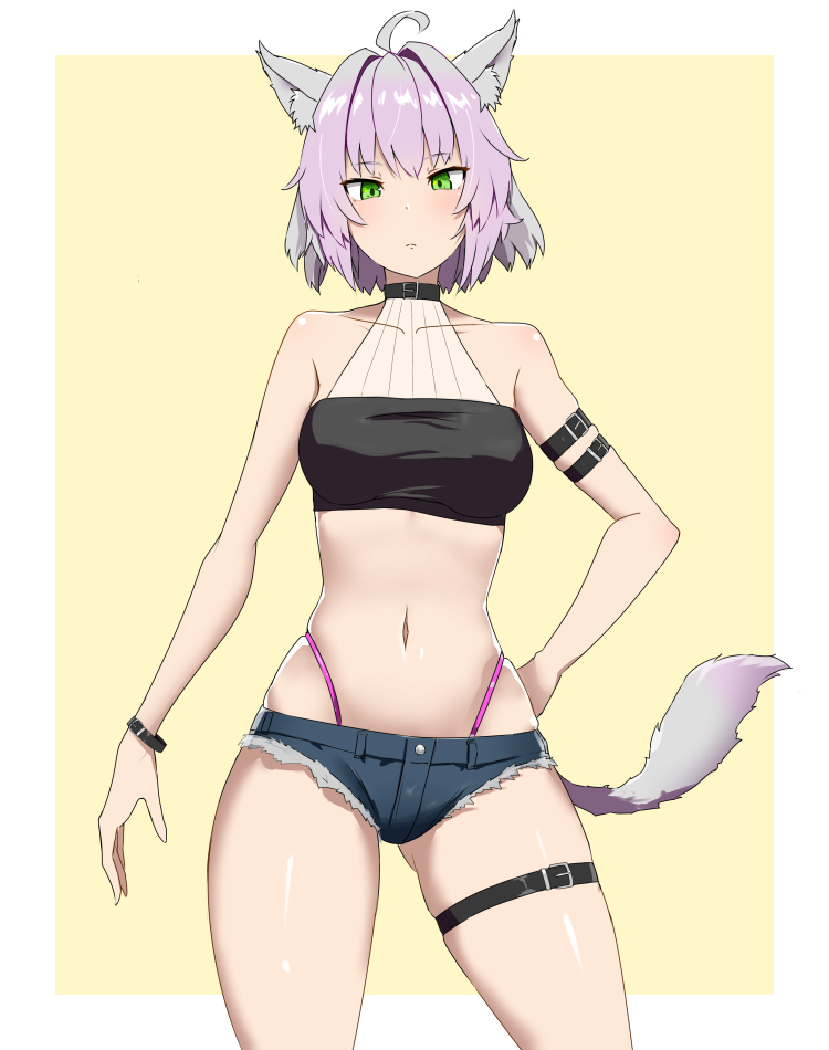 ahoge atalanta_(alter)_(fate) atalanta_(fate) cat_ears clothed denim_bottomwear denim_panties fate/apocrypha fate/grand_order fate_(series) female female_focus female_only fox_ears garter_belt looking_at_viewer purple_hair short_hair solo solo_female solo_focus tagme tail thong_above_shorts thong_straps yuzu_kiro