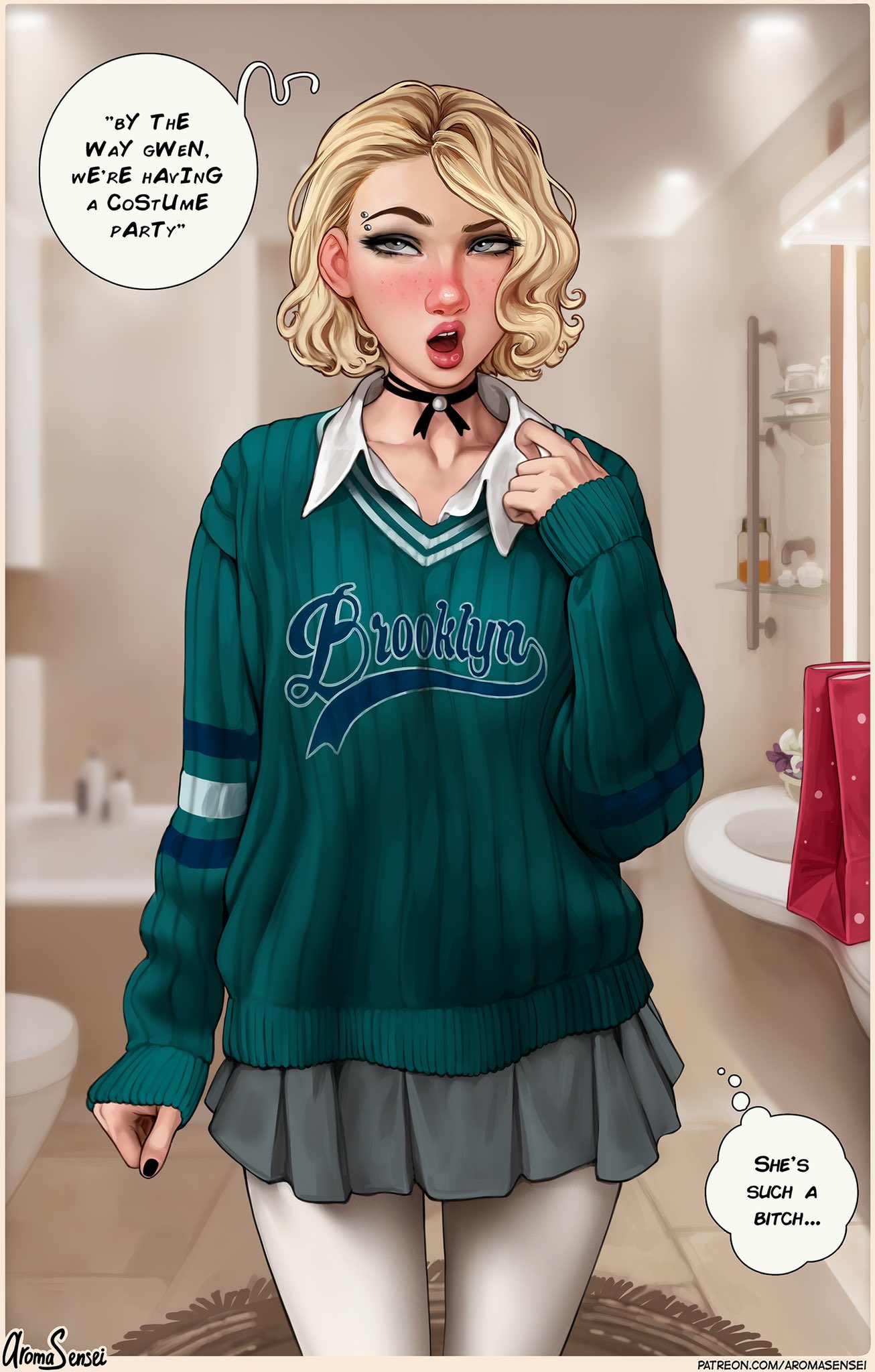 1girls, aroma sensei, bathroom, blonde hair, blush, eyebrow piercing, female, fully clothed, grey eyes, gwen stacy, marvel, marvel comics, oversized clothes, piercing, skirt, solo, spider-man (series), spider-man: across the spider-verse, spider-man: into the spider-verse, standing, sweater, text, text bubble