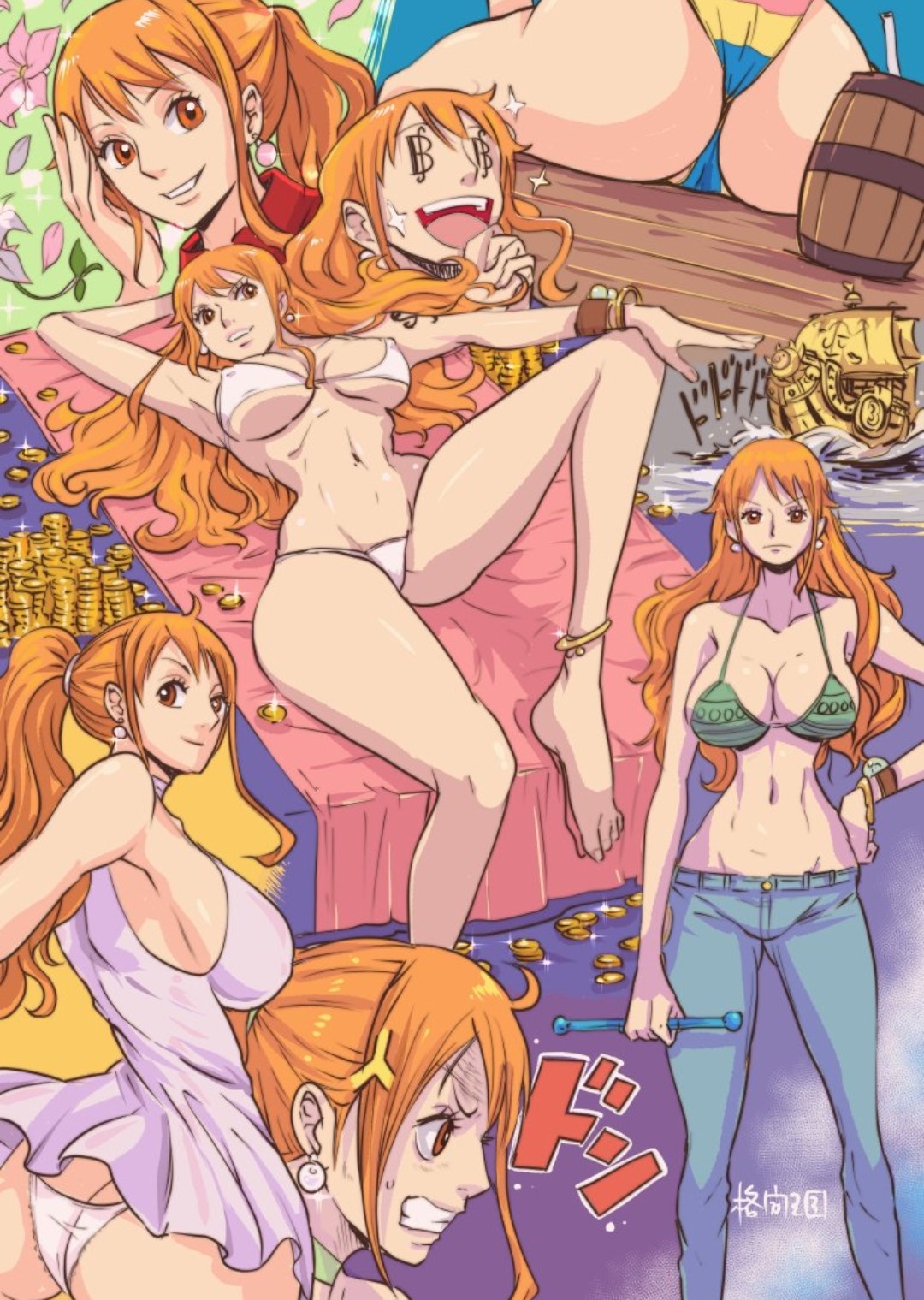 ass bikini female female_only jeans kakutou_oukoku long_hair lowres nami one_piece orange_hair panties post-timeskip striped_bikini