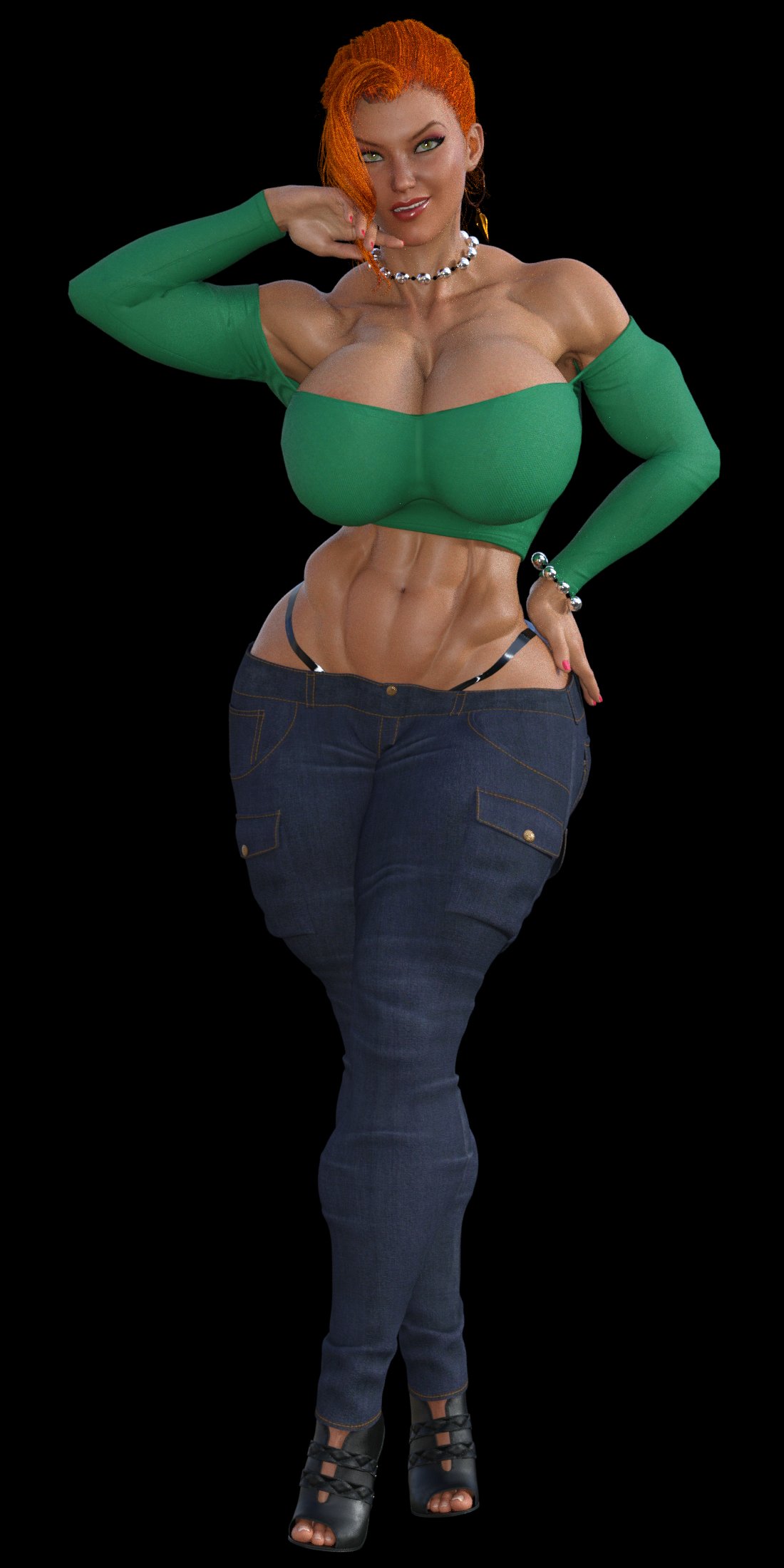 1girls 3d abs bsgstudio female female_only fit_female green_shirt green_sleeves jane_herron jeans light-skinned_female milf mother my_mom_and_sister_are_size_queen_sluts orange_hair panty_straps red_hair red_head size_queen slutwr1ter solo thebsgguy thong thong_above_pants thong_straps whale_tail