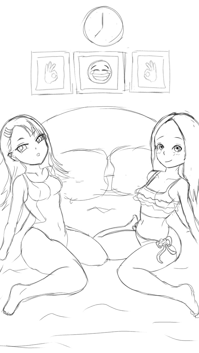 2girls bed bikini blush breasts cereal_kira cleavage clothed clothing crossover female female_only hayase_nagatoro hi_res highres karakai_jouzu_no_takagi-san long_hair looking_at_viewer medium_breasts monochrome open_mouth please_don't_bully_me,_nagatoro revealing_clothes simple_background sitting smile swimsuit takagi-san white_background wide_hips