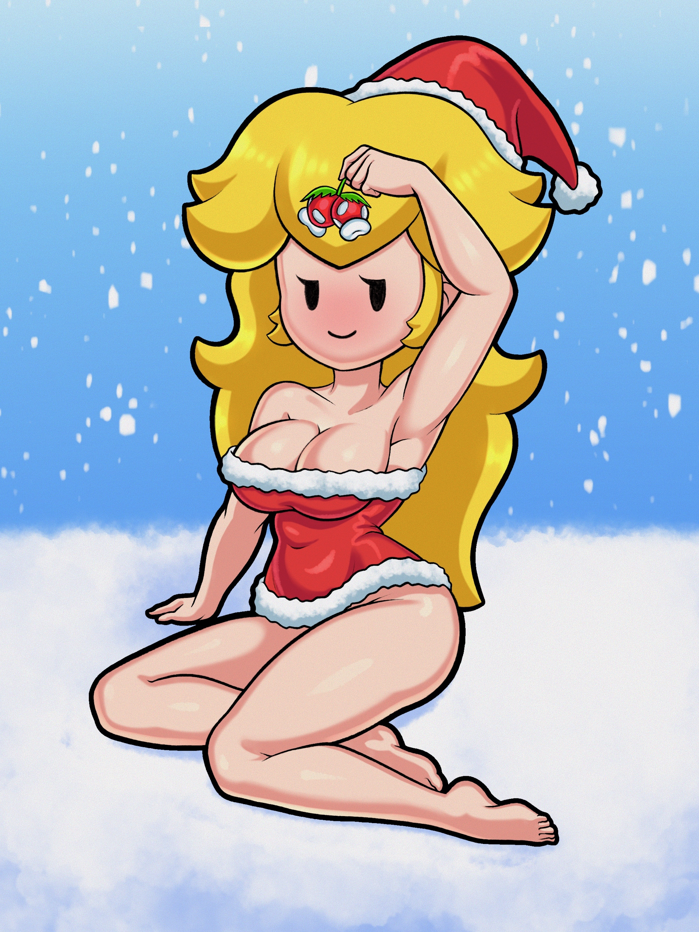 1girls, 2022, barefoot, big breasts, blonde hair, blush, bottomless, breasts, christmas, cleavage, clothing, female, female only, half-closed eyes, headgear, headwear, hi res, highres, impossible clothes, long hair, looking at viewer, mario (series), mistletoe, nintendo, no panties, paper mario, paper peach, partially clothed, piranha plant, portrait, princess peach, revealing clothes, santa hat, shiny hair, shiny skin, simple background, sitting, sleepiitreat, smile, smiling, smiling at viewer, snow, snowing, solo, solo female, thick thighs, thighs, tight clothing, topwear, video games