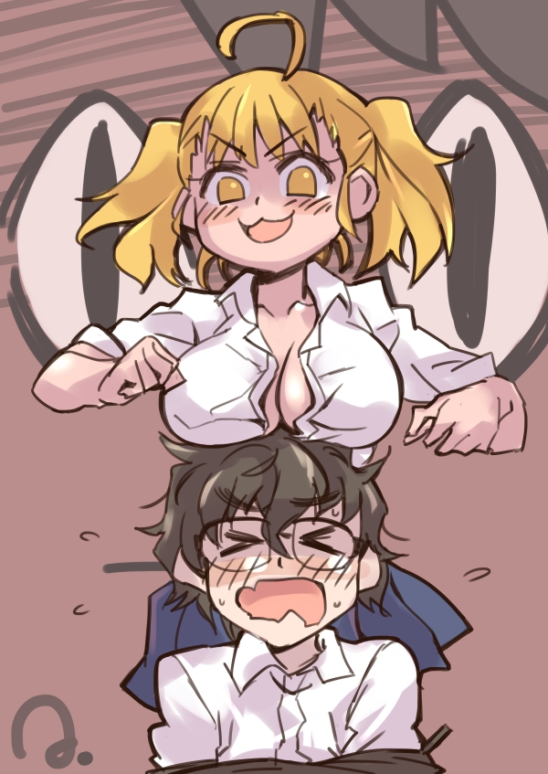 1boy, 2girls, big breasts, blonde hair, blush, bondage, breasts, brown eyes, cleavage, clothed, clothing, curvy, female, glasses, hayase nagatoro, hi res, highres, looking at viewer, male, medium hair, naoto hachioji (senpai), open mouth, please don't bully me, nagatoro, revealing clothes, simple background, smile, tears, twintails, watermark, wide hips, winter-van (artist), yoshi (nagatoro)