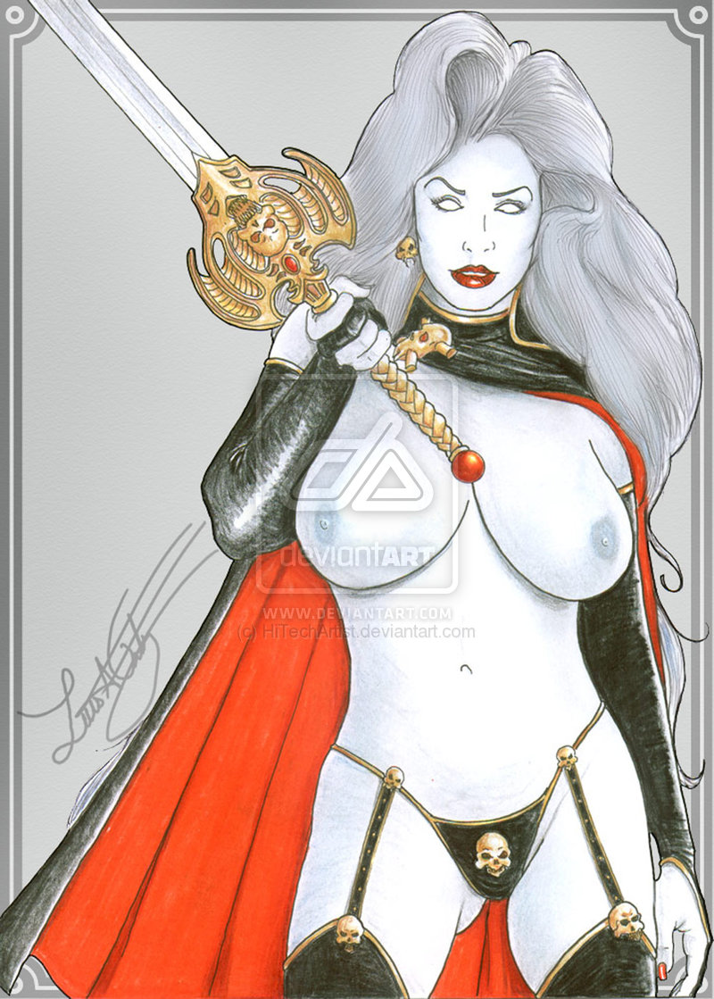 breasts cape female female_only front_view hitechartist holding_sword lady_death solo standing tagme topless white_skin